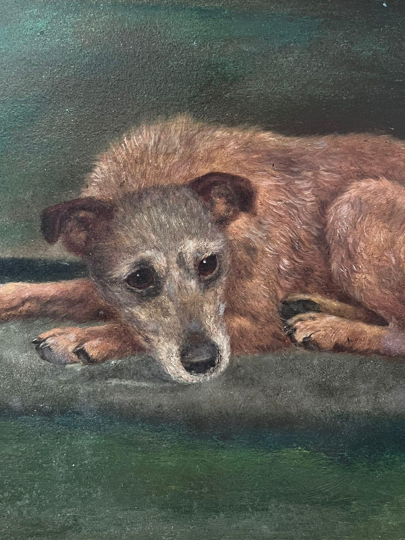 Pintura al óleo antigua de perro inglés Retrato de perro terrier de pelo largo tumbado 1