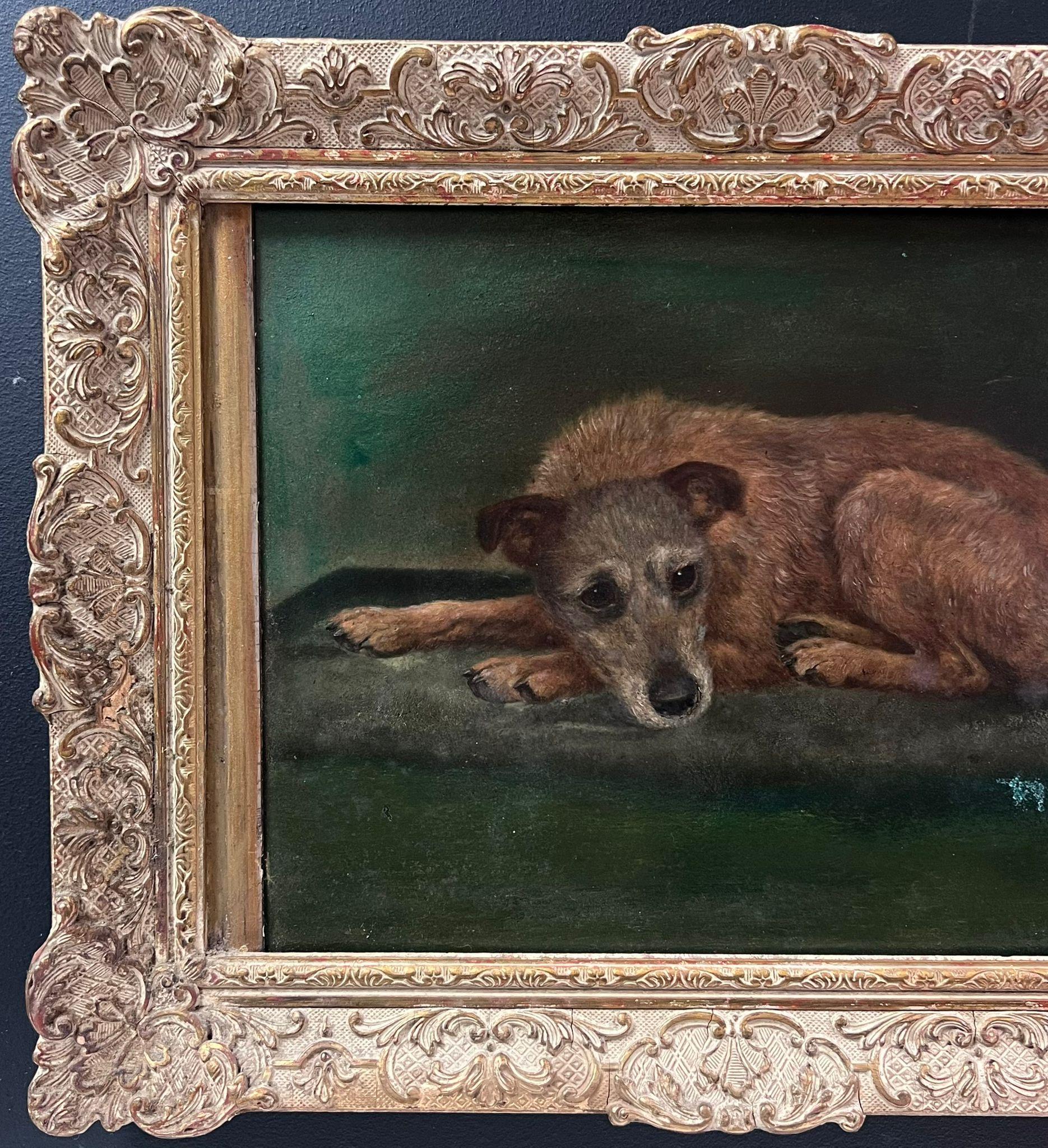 Pintura al óleo antigua de perro inglés Retrato de perro terrier de pelo largo tumbado 2