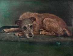 Pintura al óleo antigua de perro inglés Retrato de perro terrier de pelo largo tumbado