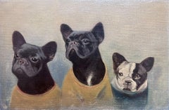 Boston Terrier Dogs Antique English Oil Painting in Gilt Frame