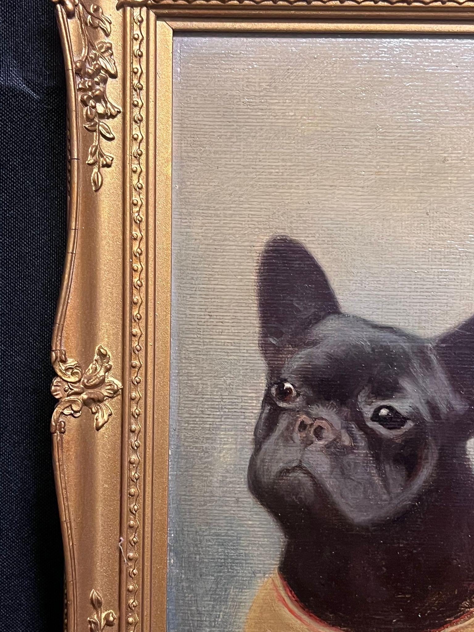 Boston Terrier Dogs Antique English Oil Painting in Gilt Frame 2
