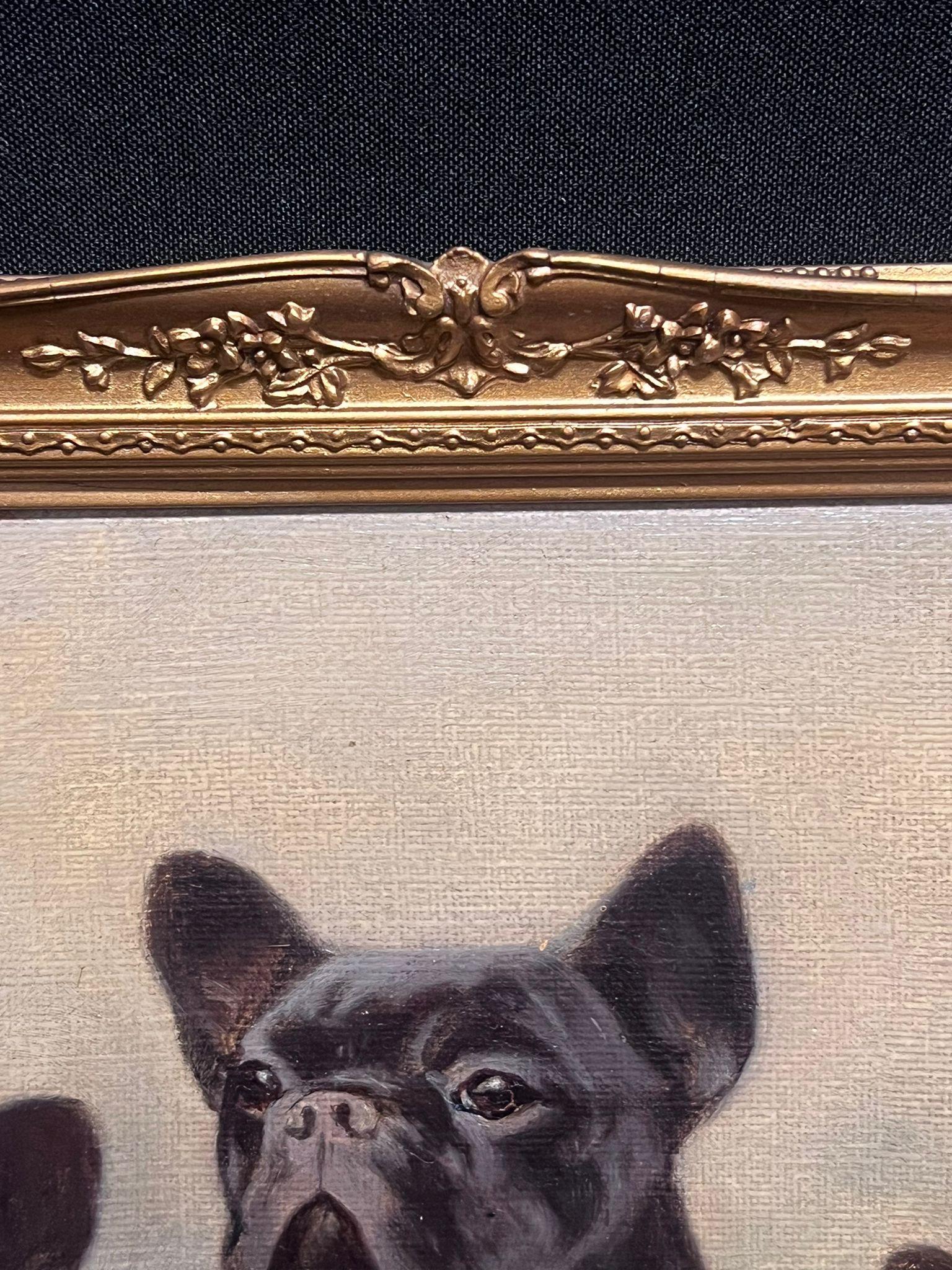 Boston Terrier Dogs Antique English Oil Painting in Gilt Frame 3