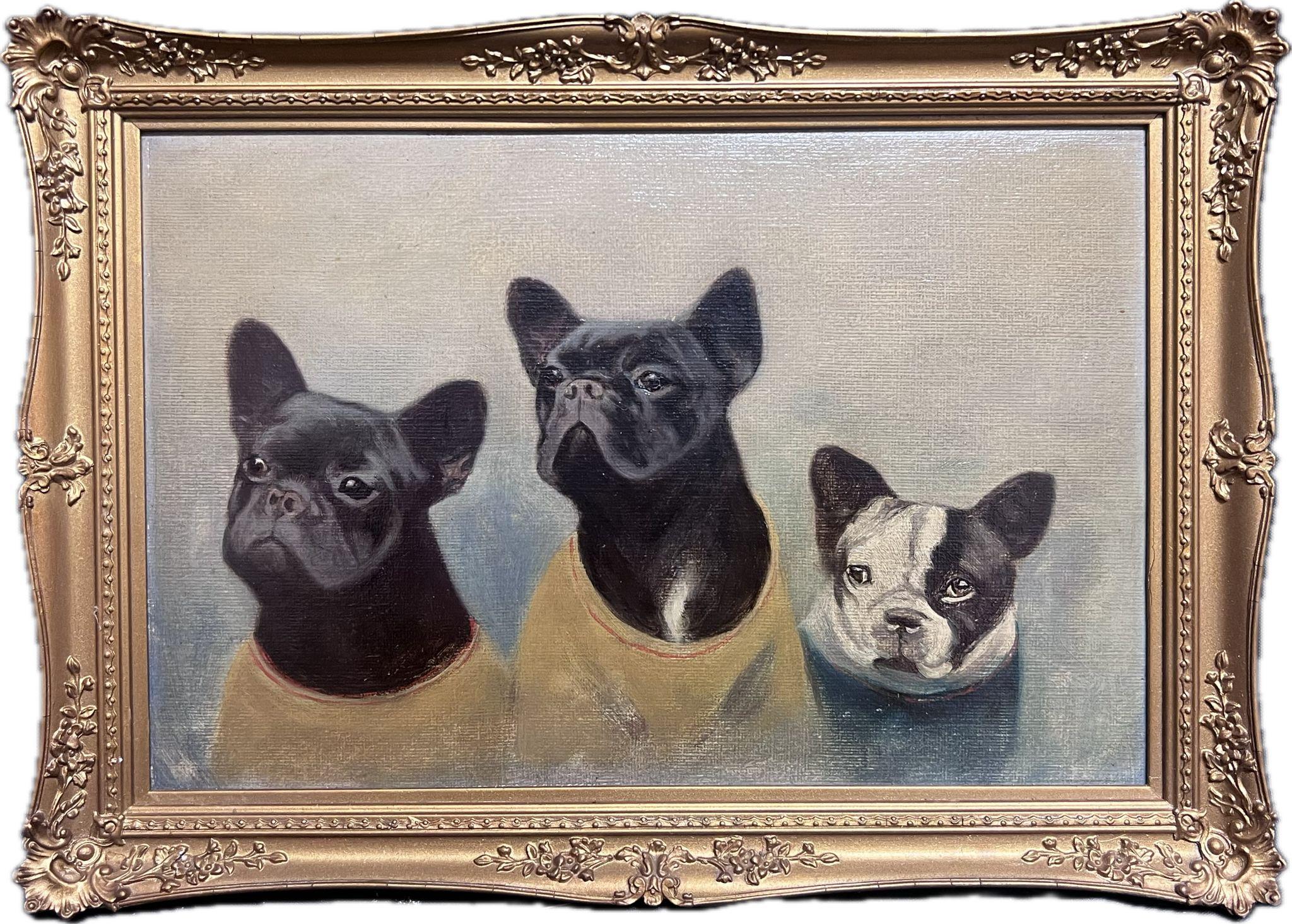 Boston Terrier Dogs Antique English Oil Painting in Gilt Frame