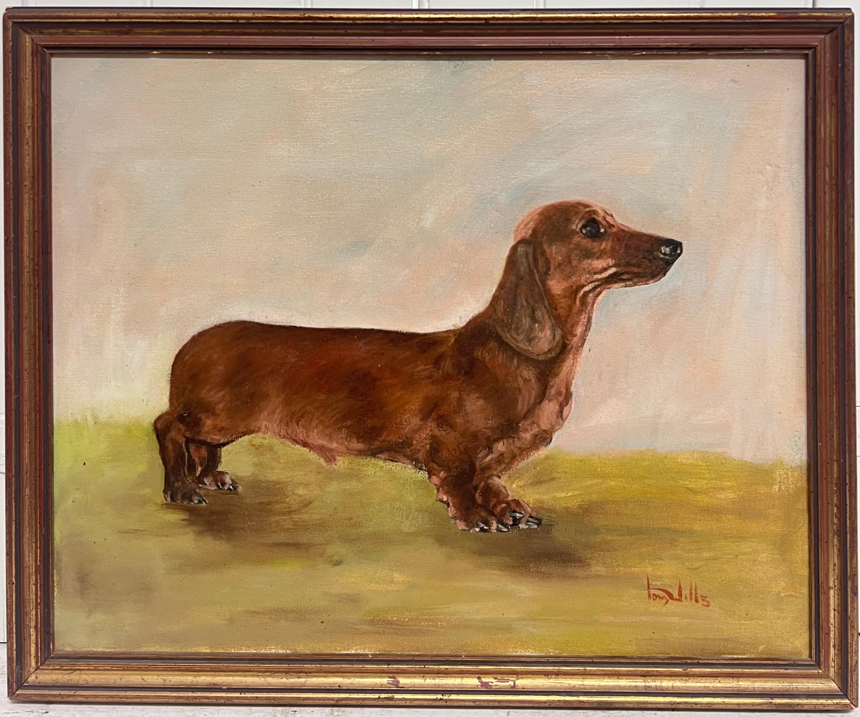 The Dachshund Dog Vintage English Original Oil Painting Signed c. 1970's - Beige Portrait Painting par English dog artist