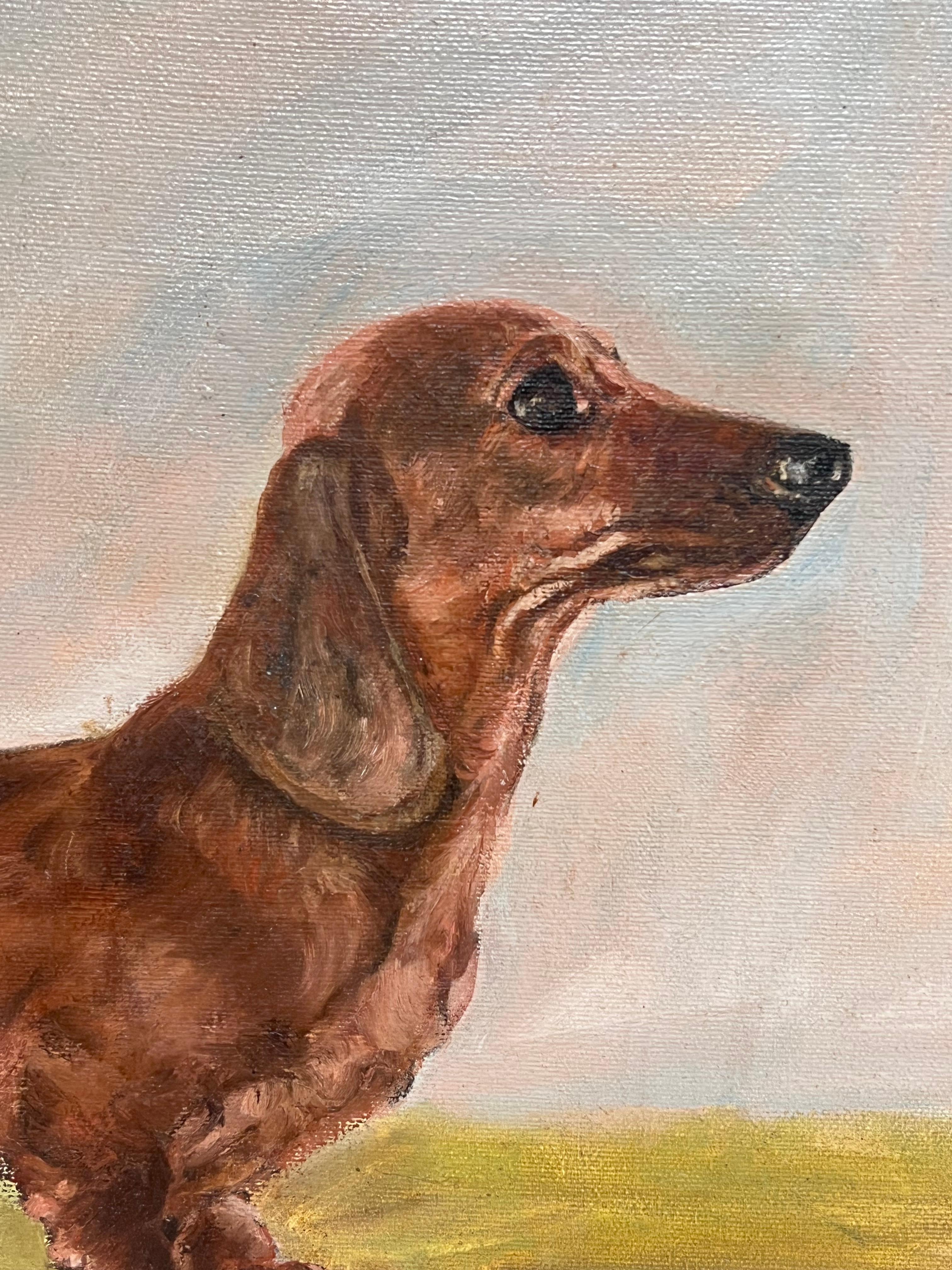 The Dachshund Dog Vintage English Original Oil Painting Signed c. 1970's en vente 2