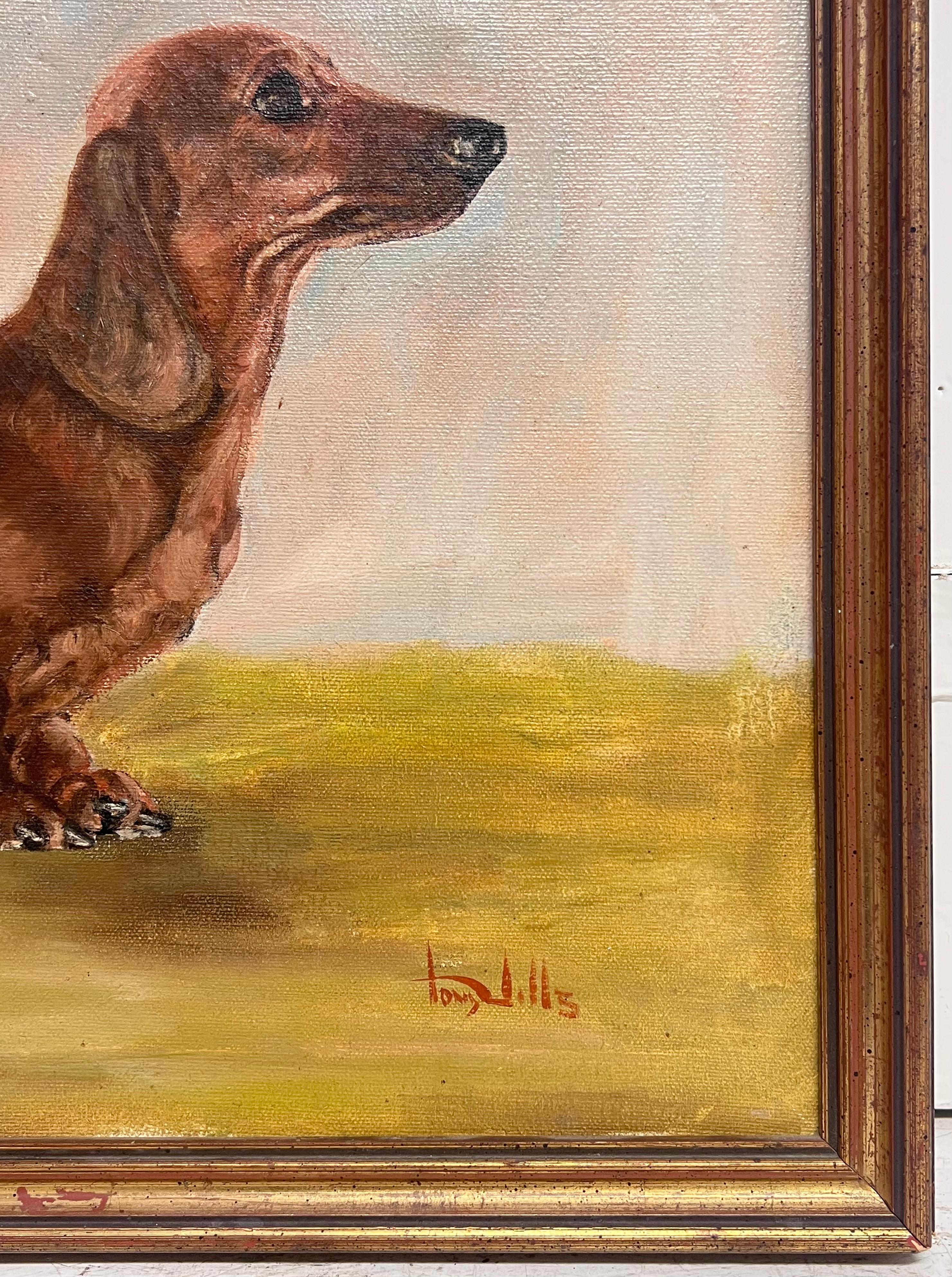 The Dachshund Dog Vintage English Original Oil Painting Signed c. 1970's en vente 3
