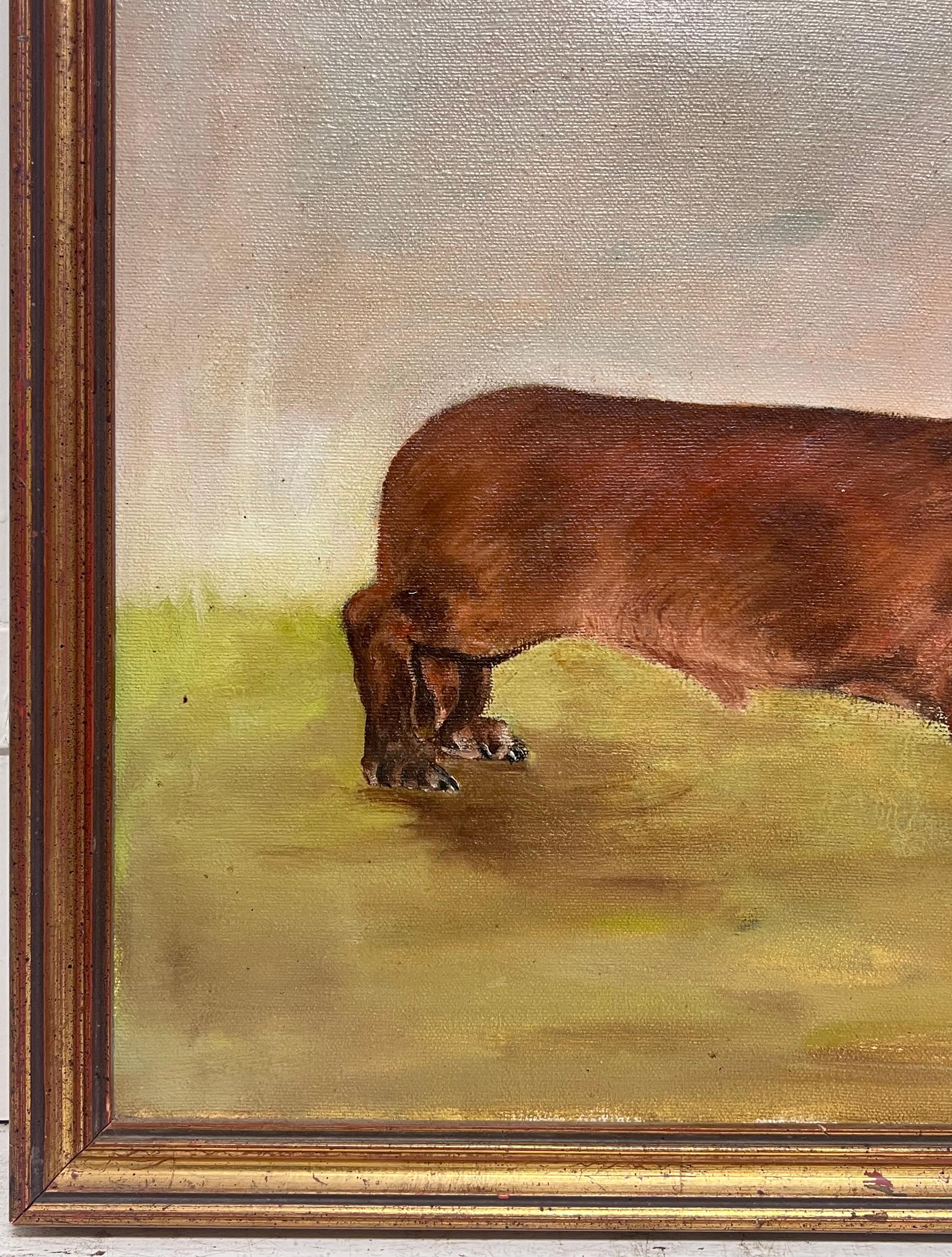 The Dachshund Dog Vintage English Original Oil Painting Signed c. 1970's en vente 4