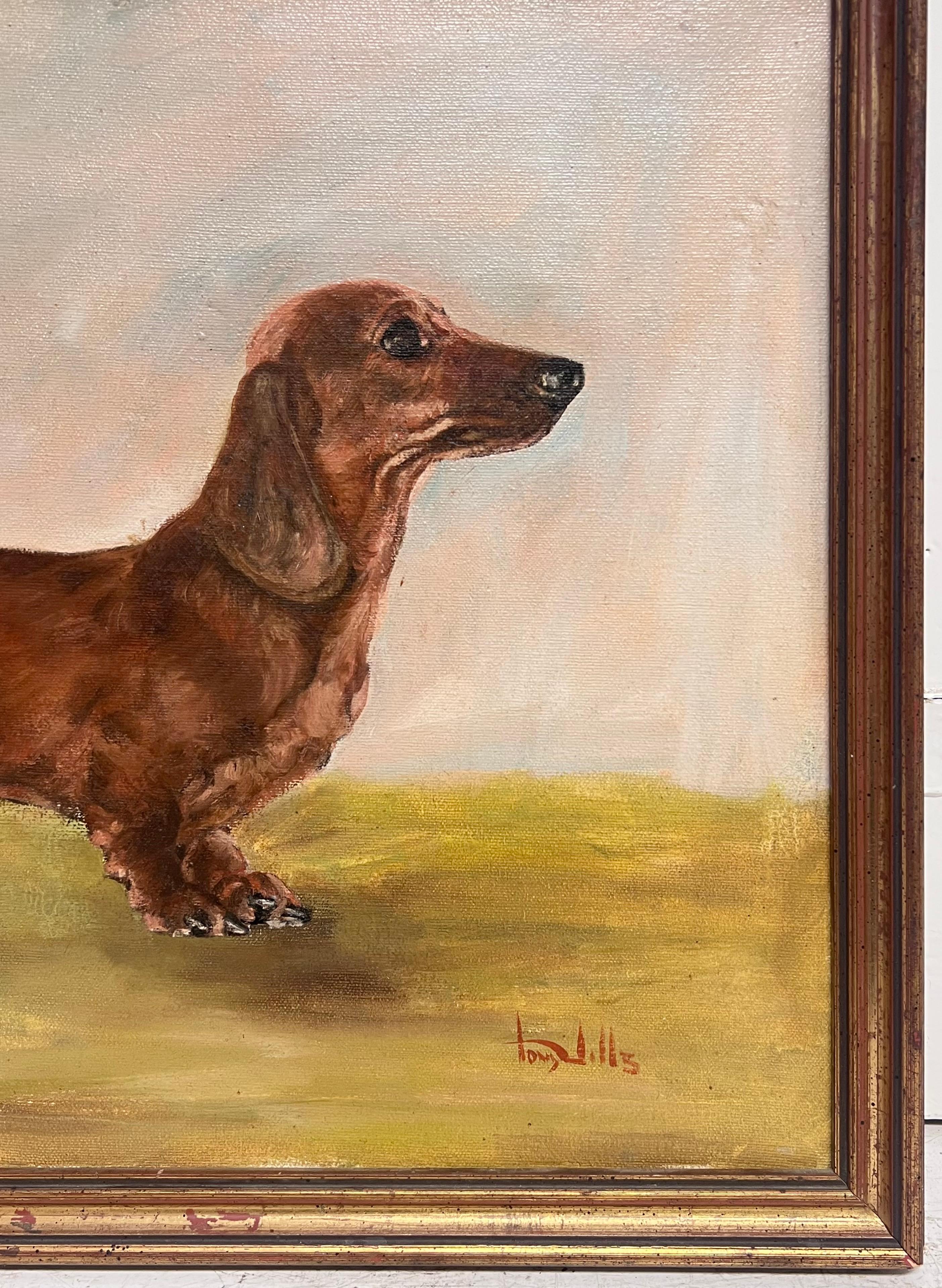 The Dachshund Dog Vintage English Original Oil Painting Signed c. 1970's en vente 6