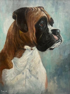 Vintage English Oil Painting Portrait of a Boxer Dog 'Barron'