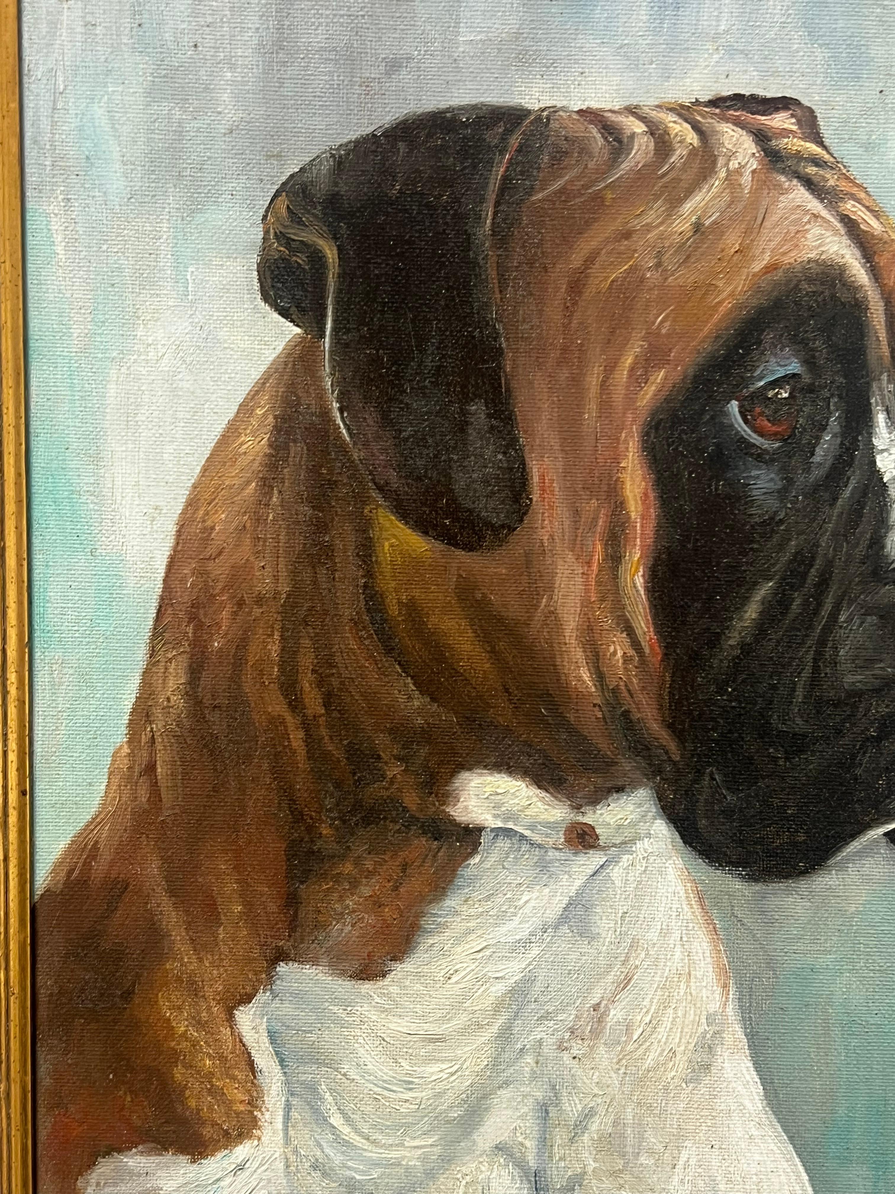 Pintura al óleo inglesa vintage Retrato de un perro bóxer 'Barron' - Animal Painting Marrón de English dog artist
