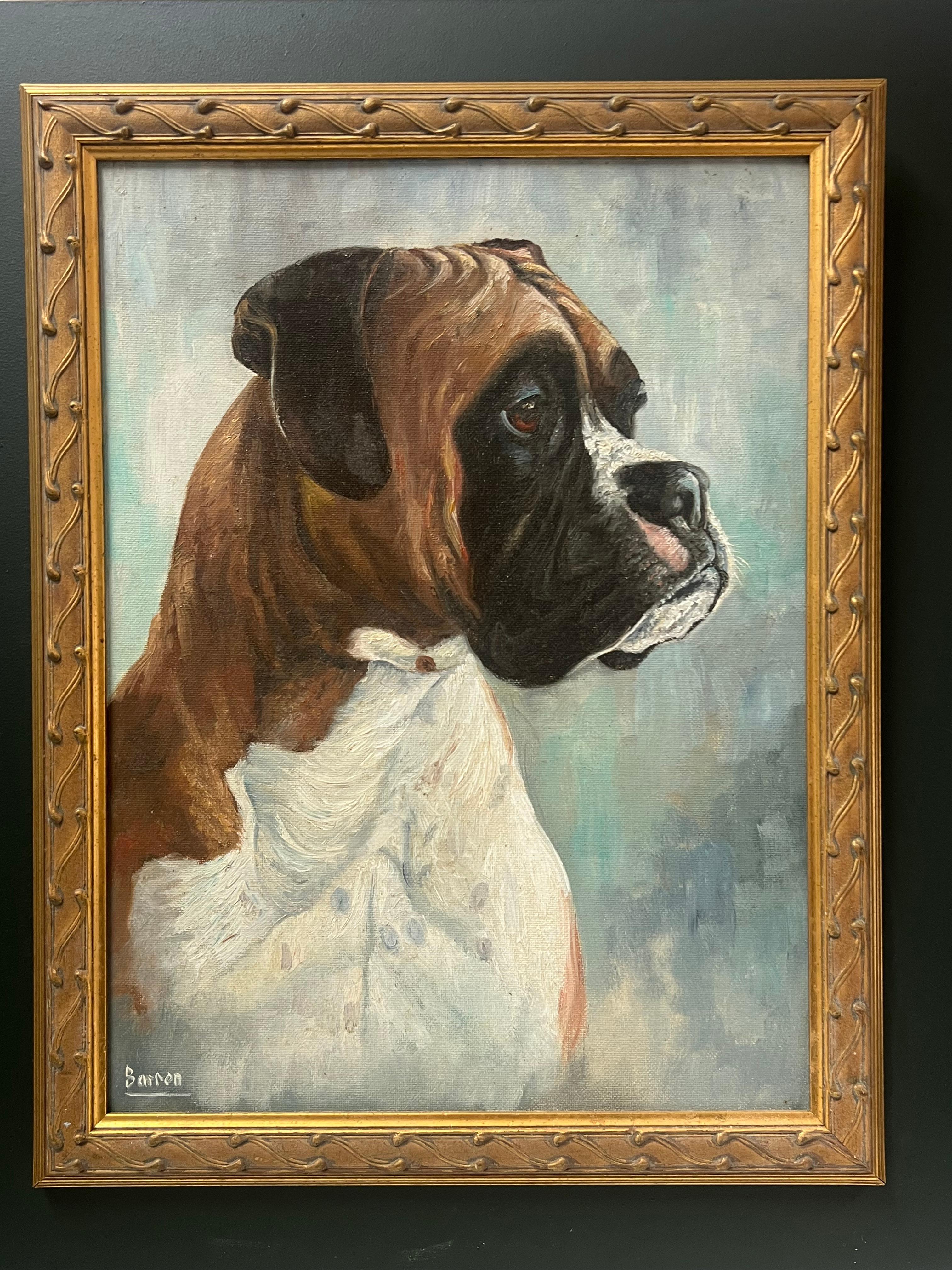 Pintura al óleo inglesa vintage Retrato de un perro bóxer 'Barron' en venta 2