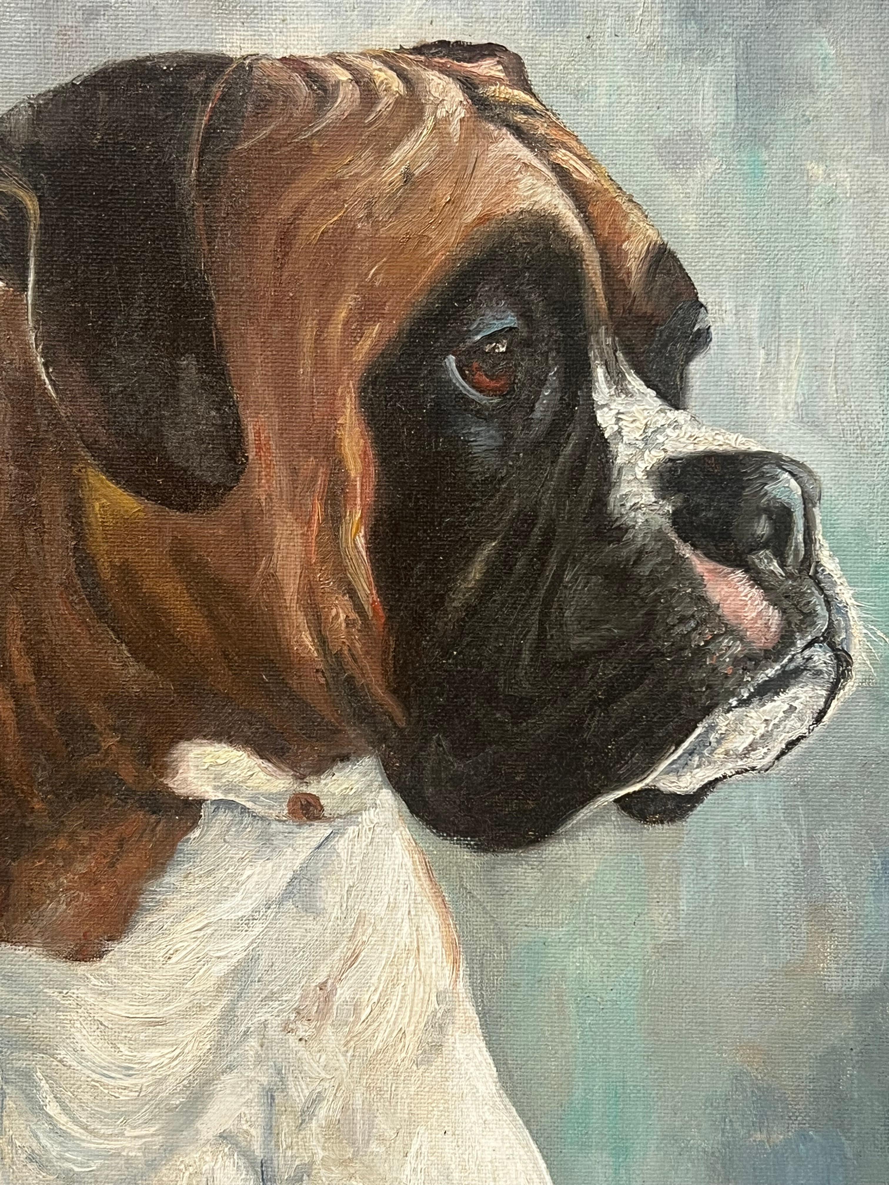 Pintura al óleo inglesa vintage Retrato de un perro bóxer 'Barron' en venta 3