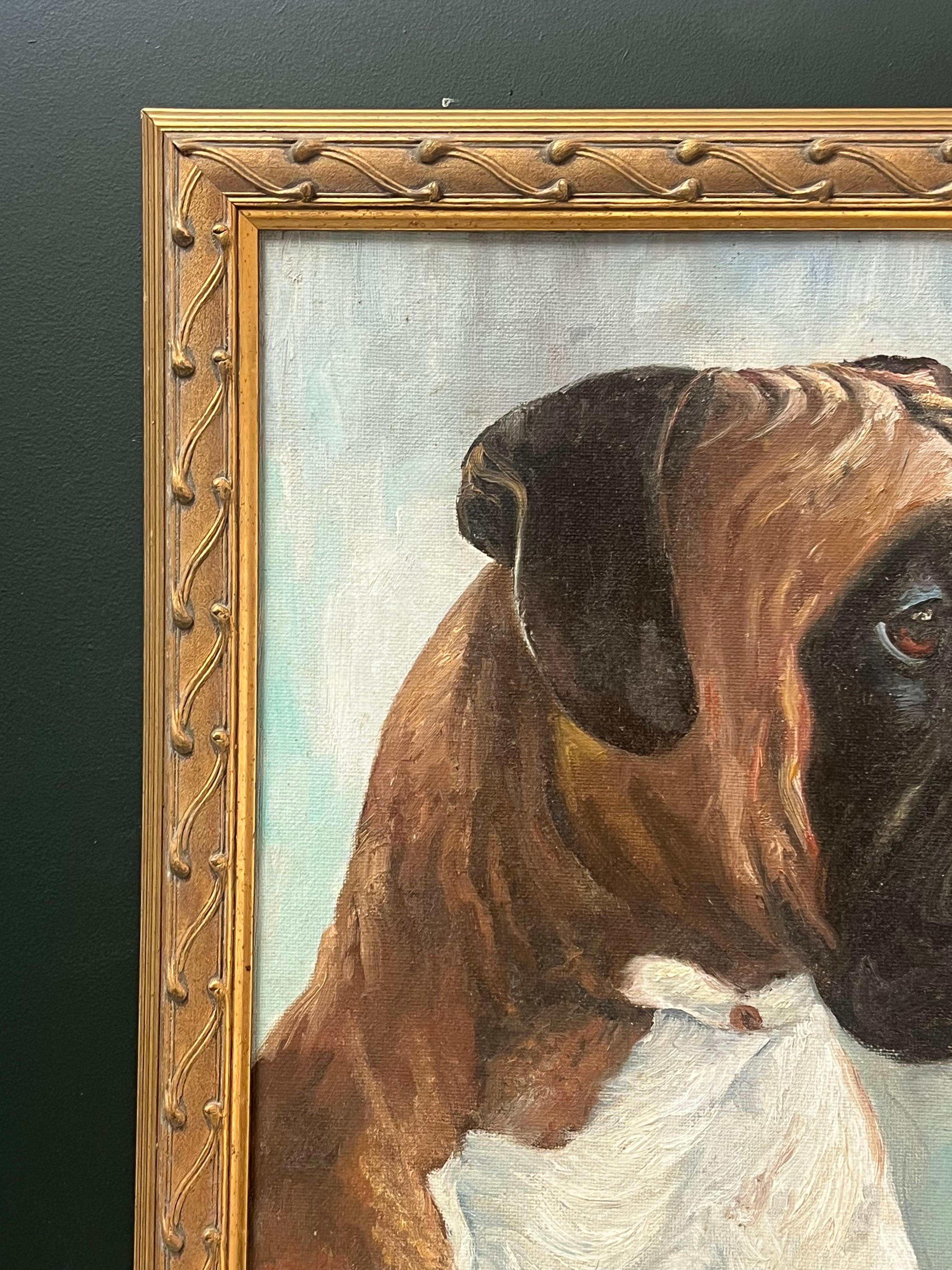 Pintura al óleo inglesa vintage Retrato de un perro bóxer 'Barron' en venta 4