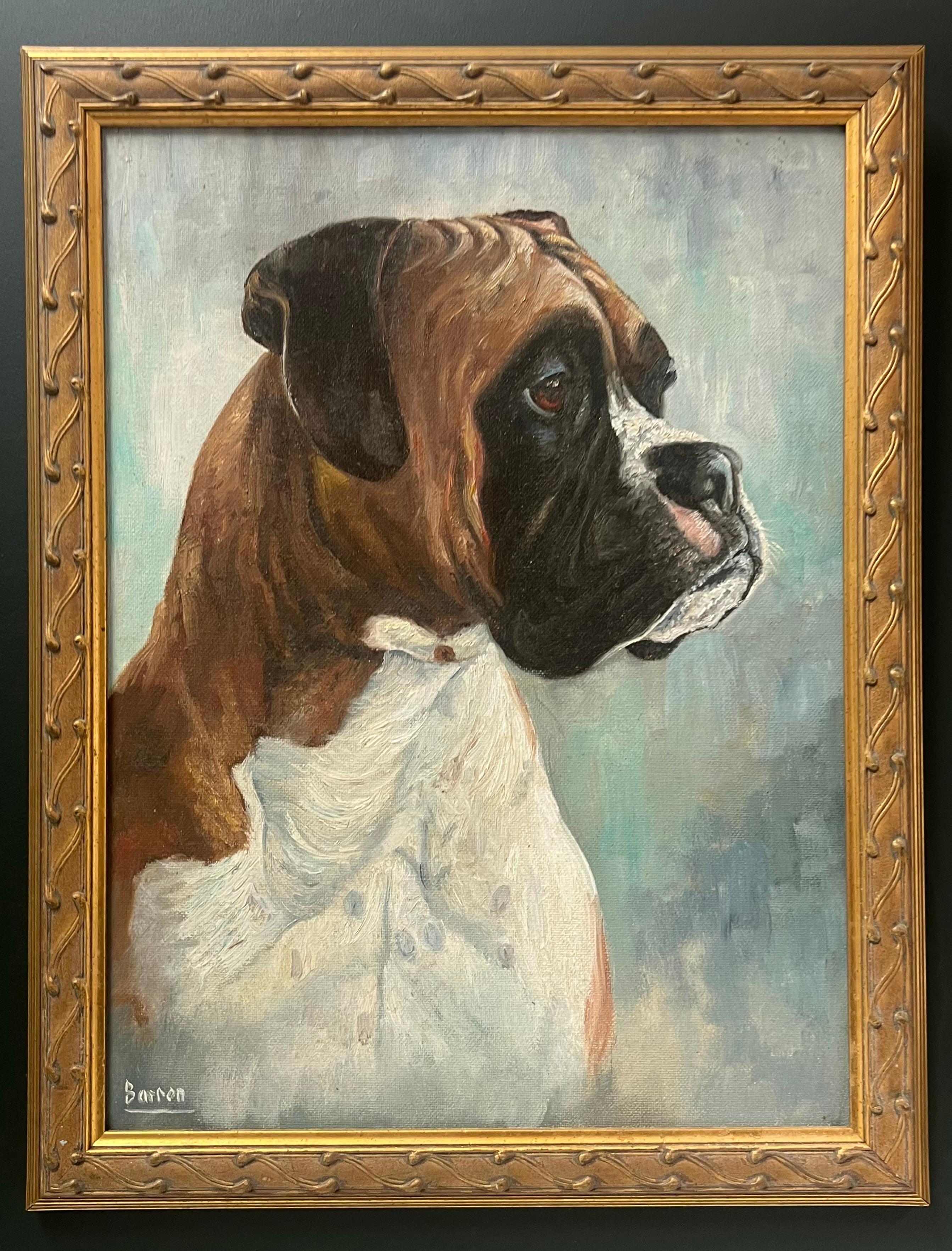 Animal Painting de English dog artist - Pintura al óleo inglesa vintage Retrato de un perro bóxer 'Barron'