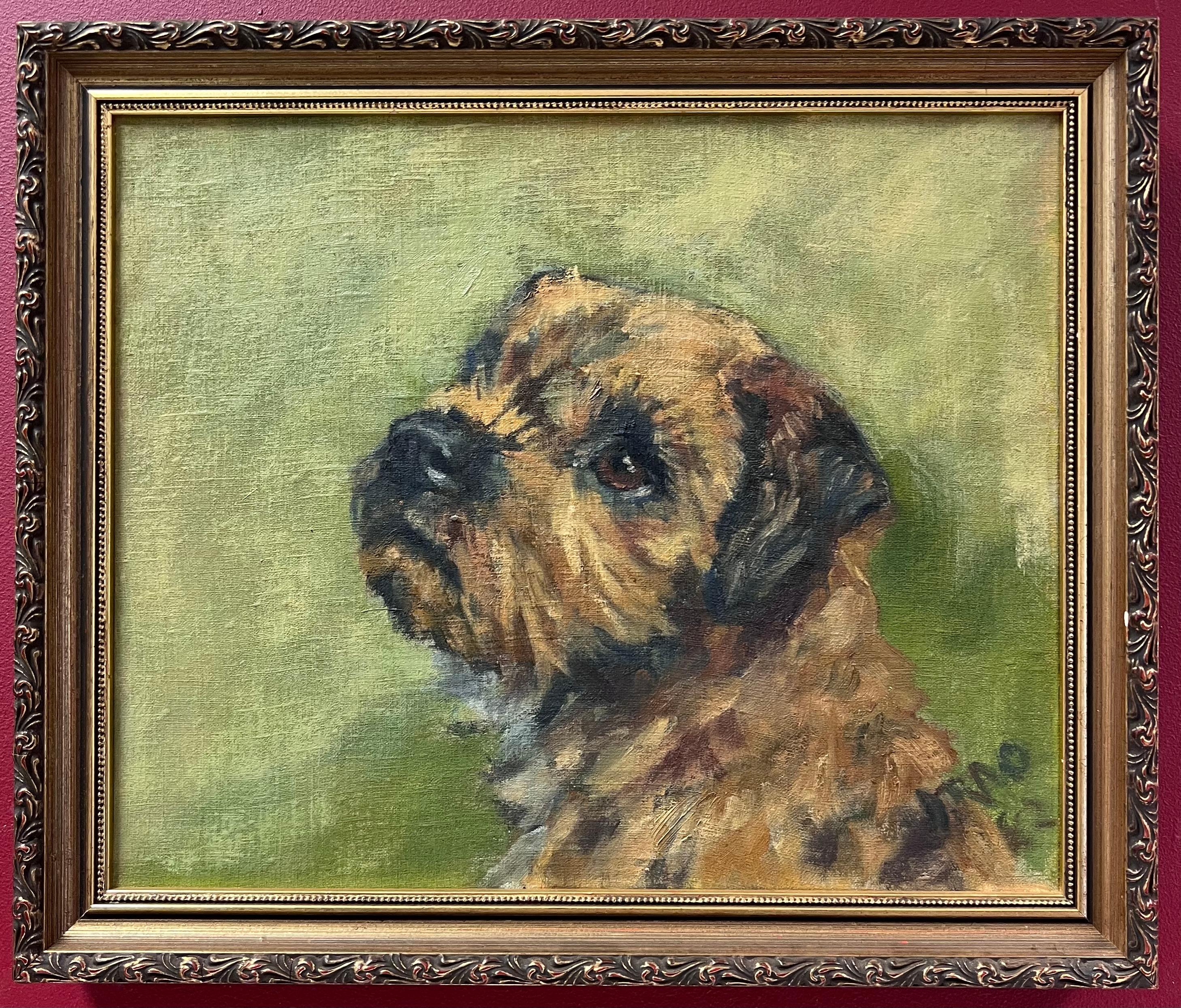 El cachorro de Border Terrier Pintura al óleo inglesa firmada arte canino original, siglo XX - Painting de English Dog Painter