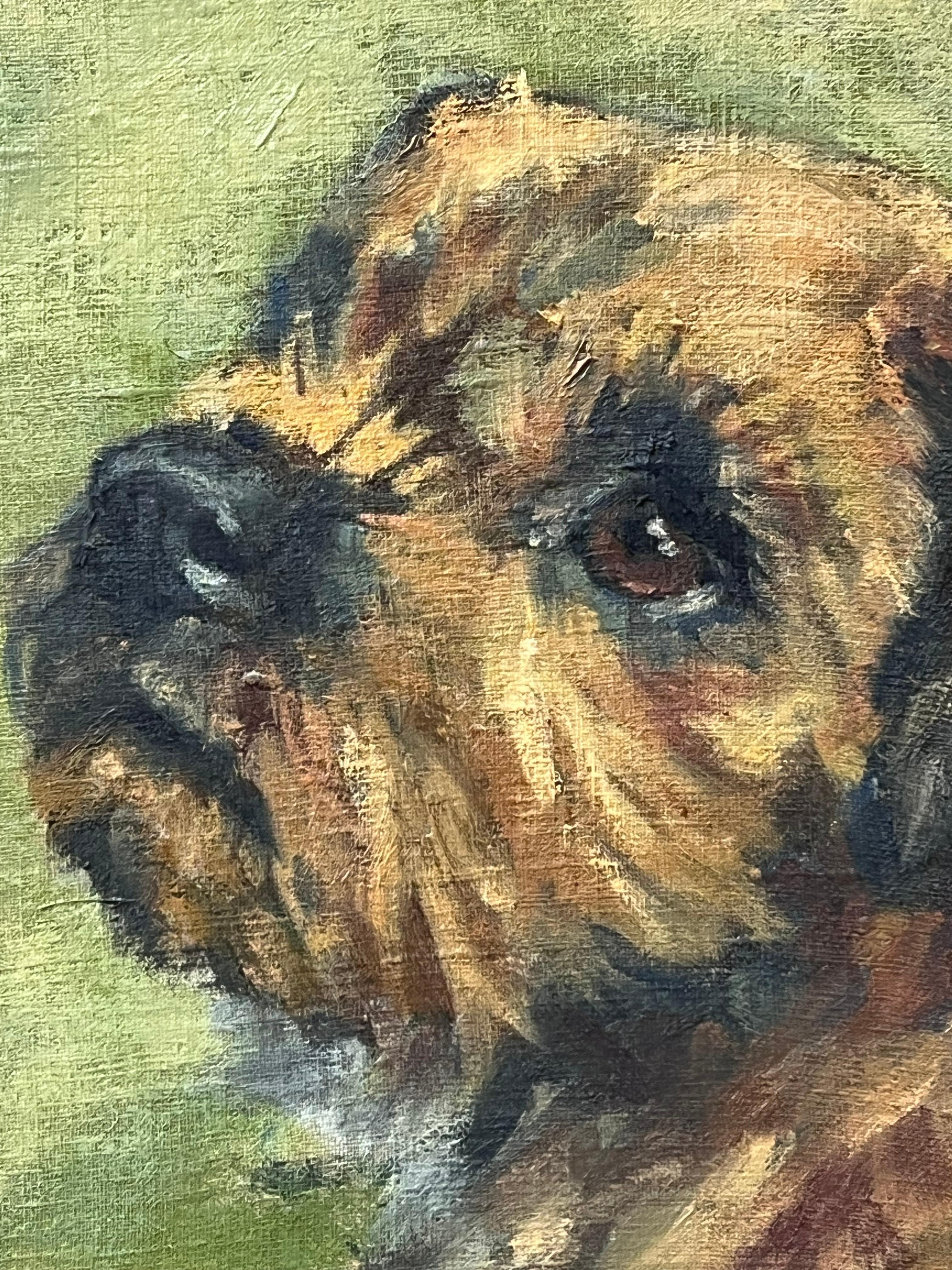 El cachorro de Border Terrier Pintura al óleo inglesa firmada arte canino original, siglo XX - Painting Impresionista de English Dog Painter