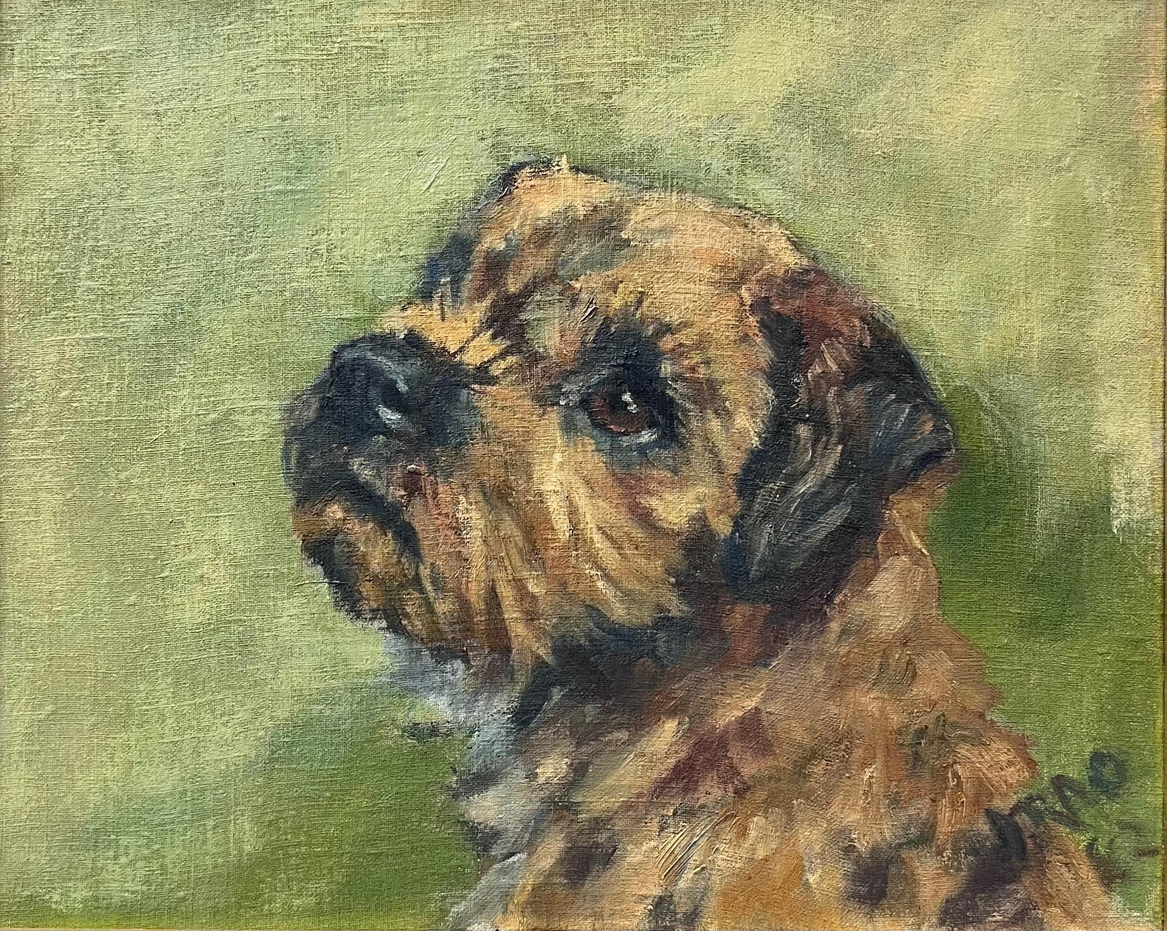 Cucciolo di Border Terrier firmato Pittura ad olio inglese originale, arte canina, 20° secolo
