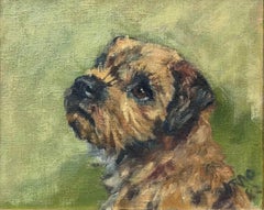 The Border Terrier Puppy signé, peinture à l'huile originale de chien, 20e siècle