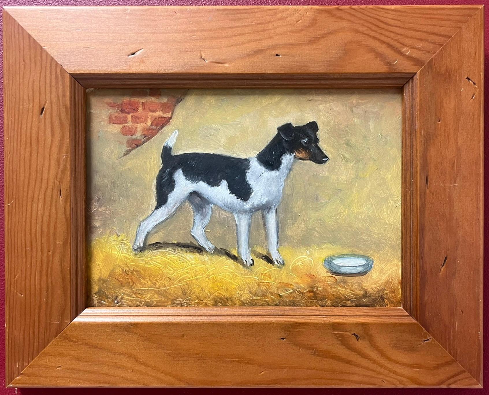 Cane inglese vintage dipinto a olio Jack Russell Terrier in un fienile interno - Painting di English Dog Painter