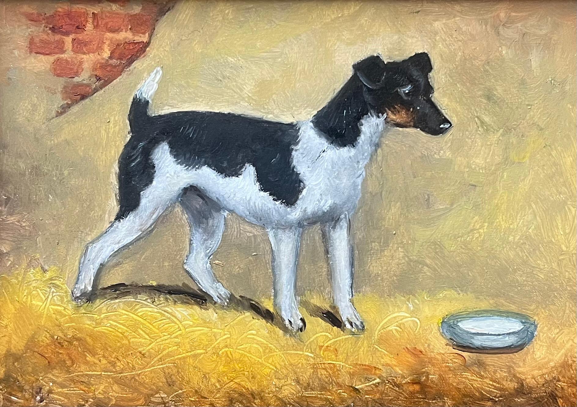 Cane inglese vintage dipinto a olio Jack Russell Terrier in un fienile interno - Painting Scuola inglese di English Dog Painter