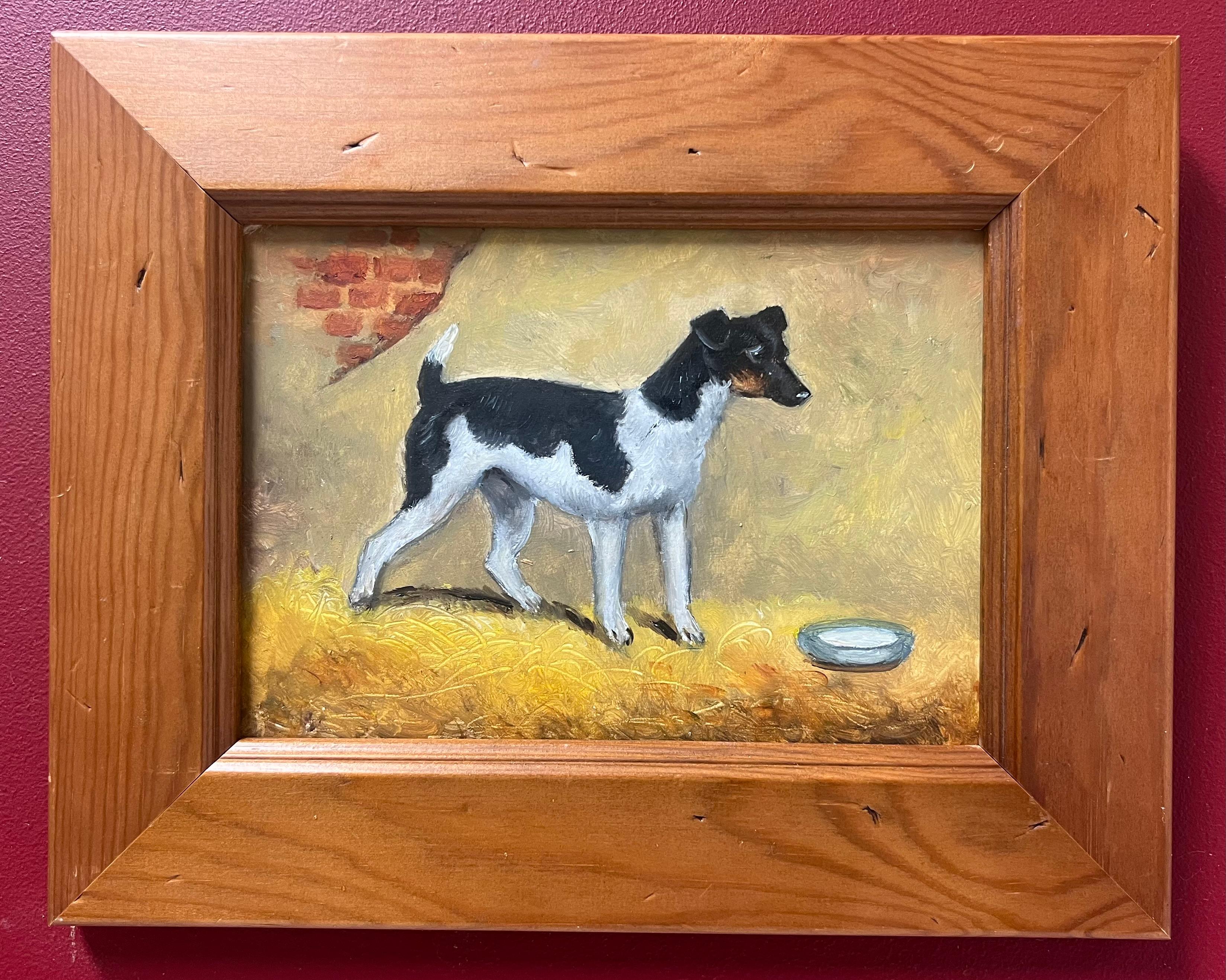 Cane inglese vintage dipinto a olio Jack Russell Terrier in un fienile interno - Animal Painting Beige di English Dog Painter