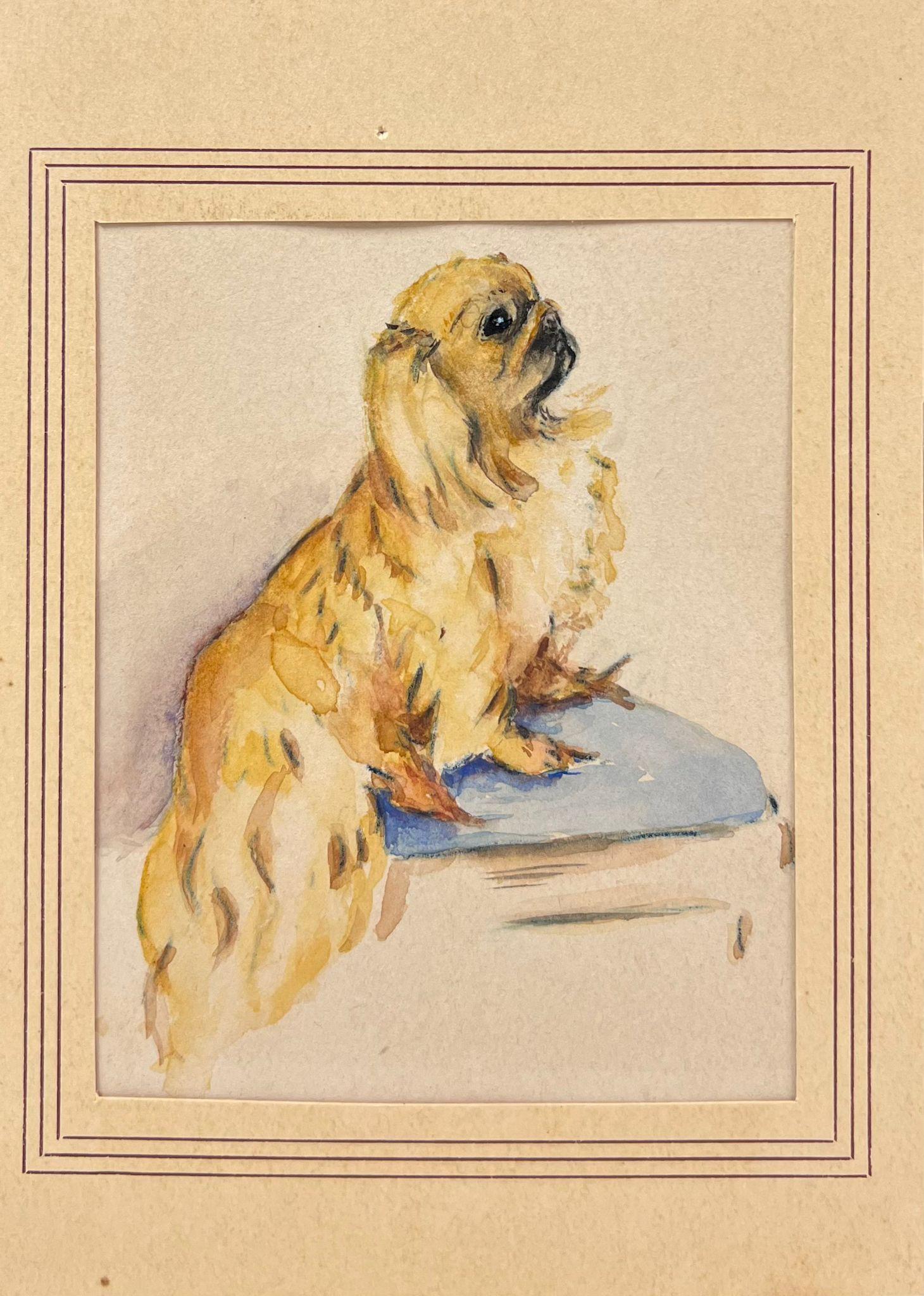 Delicado Retrato de un Perro Pekinés Posado Pintura Inglesa Antigua a la Acuarela - Painting de English Dog Painting