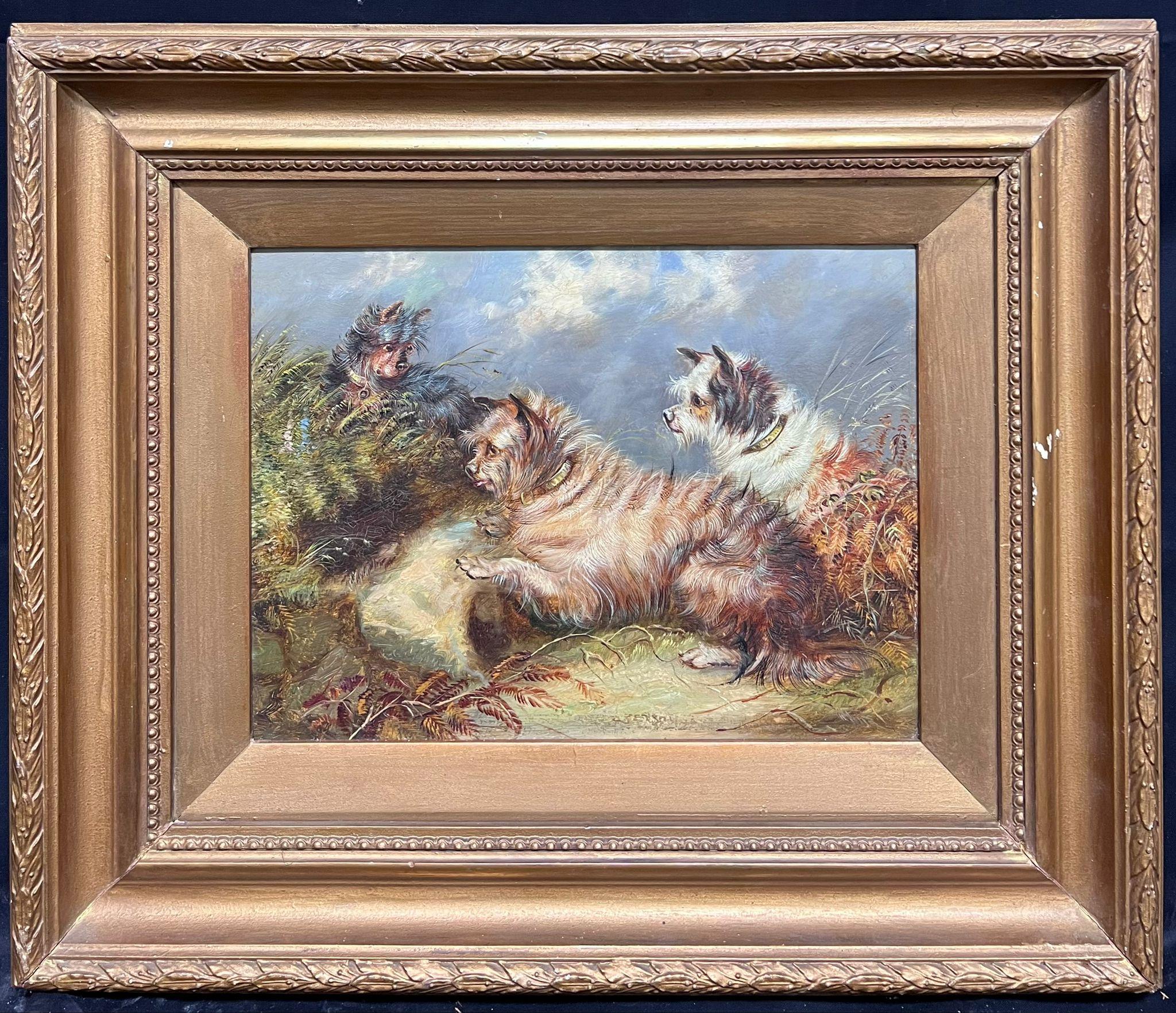 Family of Three Playful Terrier Dogs in Meadow Vintage English Art Oil Painting - Gray Landscape Painting by English Dog Painting