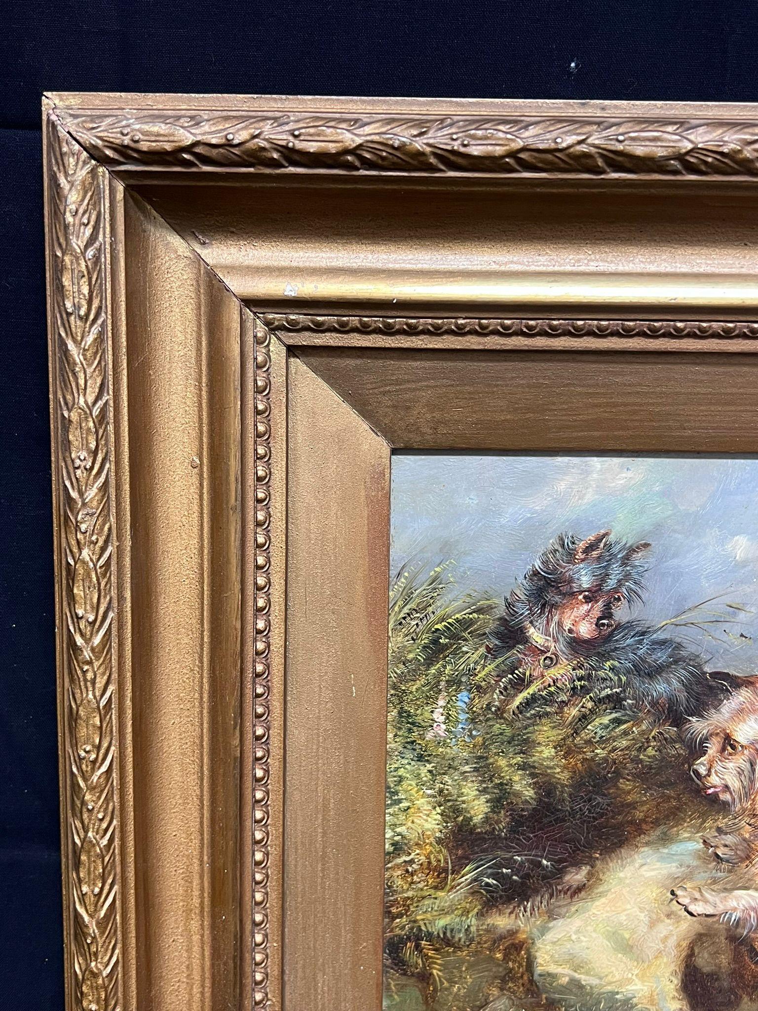 Playful Terriers
English artist, early 20th century
Oil painting on board, framed
Framed: 16 x 19.5 inches
Board: 11.5 x 14.5 inches
Condition: The painting is in very good condition, with well-preserved colors and details. It is elegantly framed in