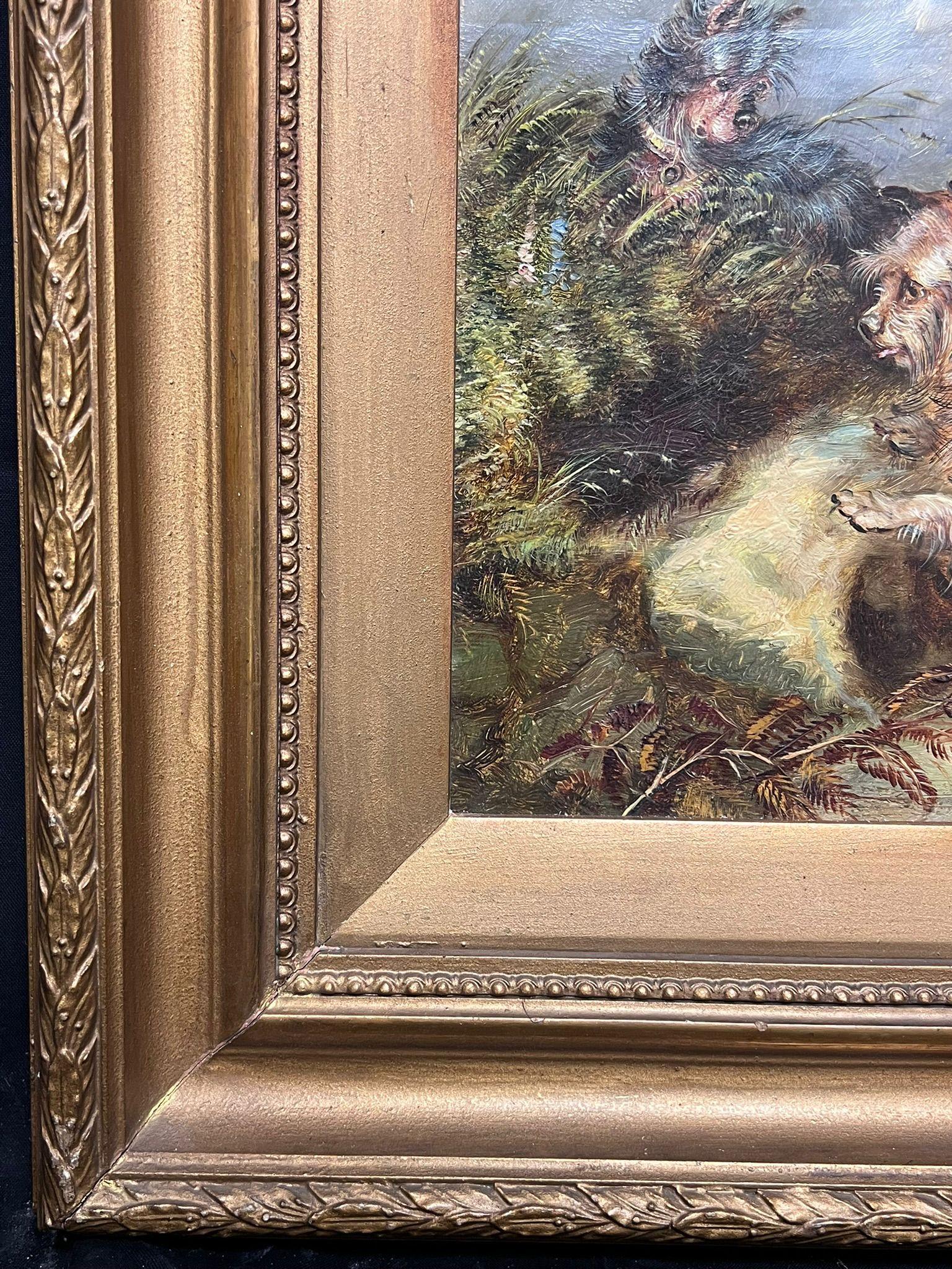 Family of Three Playful Terrier Dogs in Meadow Vintage English Art Oil Painting For Sale 1