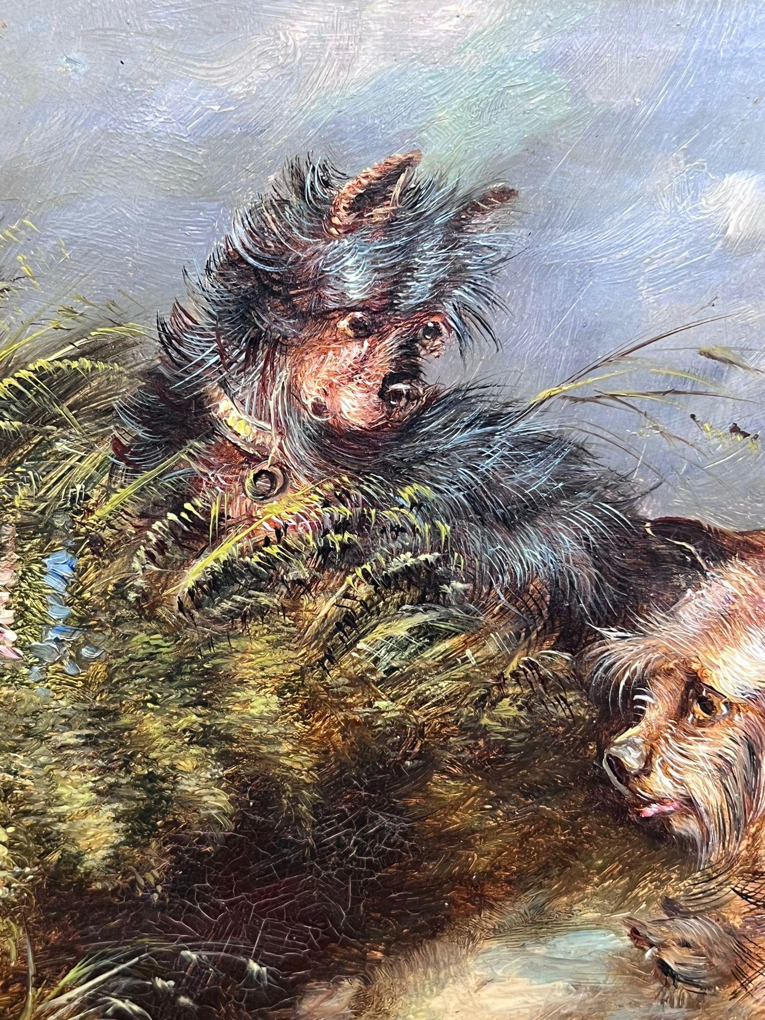 Family of Three Playful Terrier Dogs in Meadow Vintage English Art Oil Painting For Sale 2