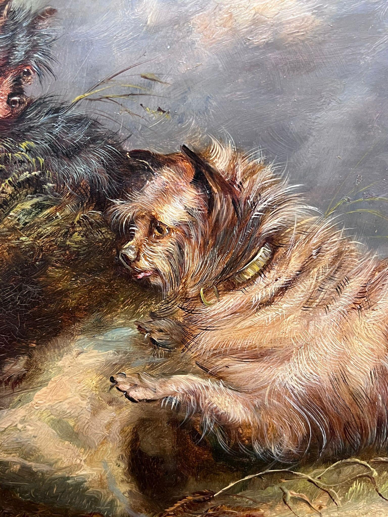 Family of Three Playful Terrier Dogs in Meadow Vintage English Art Oil Painting For Sale 3