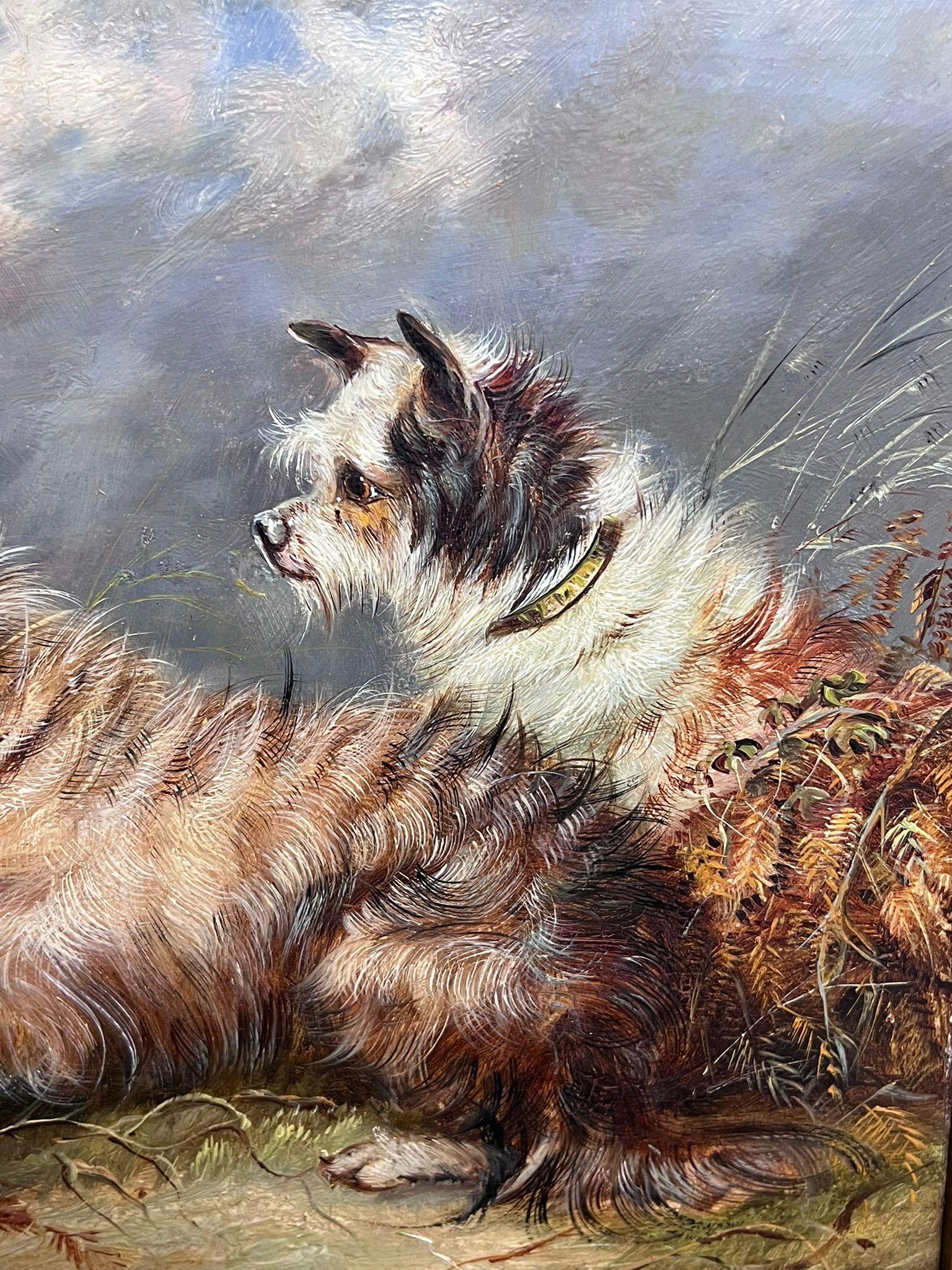 Family of Three Playful Terrier Dogs in Meadow Vintage English Art Oil Painting For Sale 4