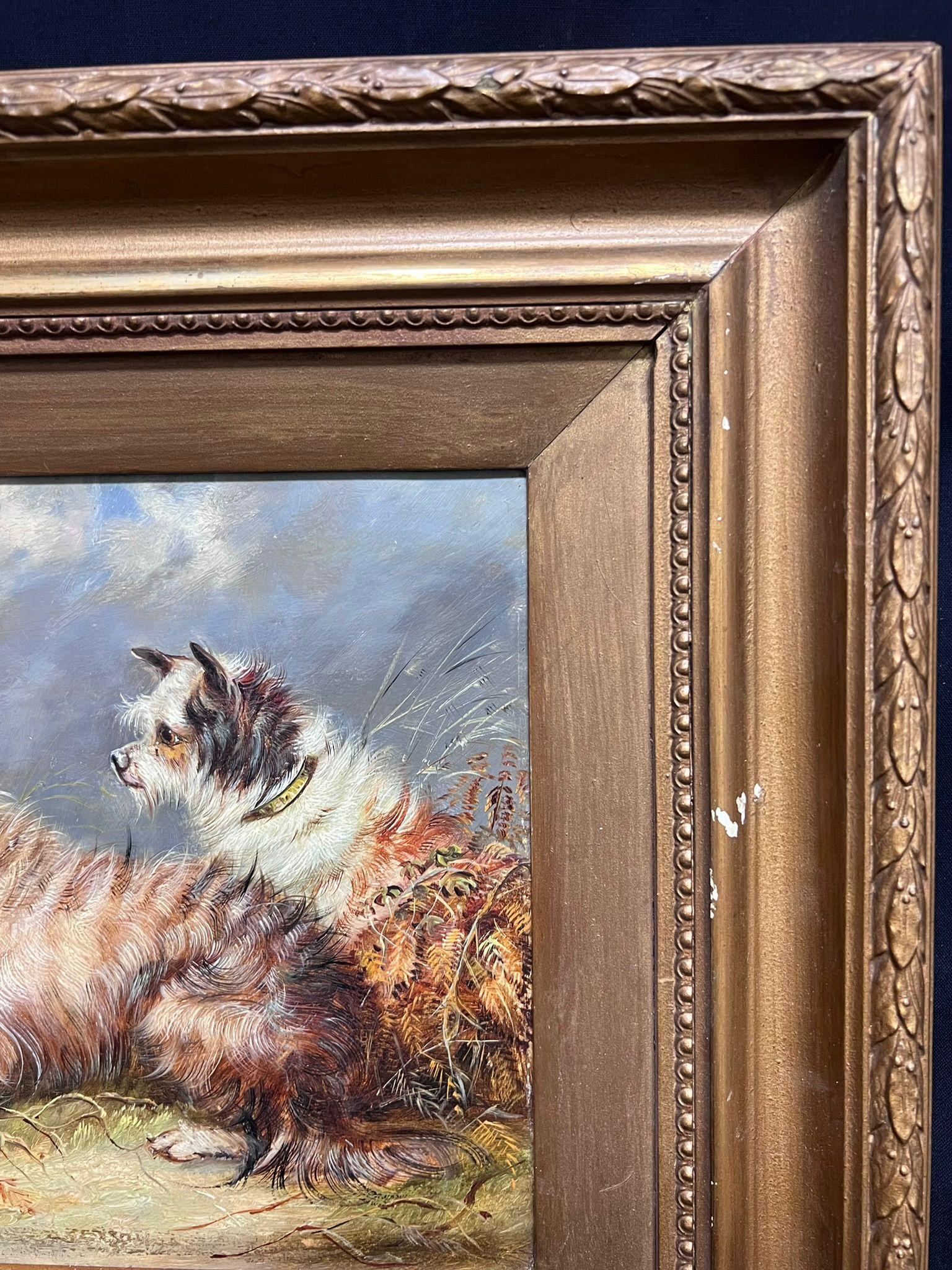 Family of Three Playful Terrier Dogs in Meadow Vintage English Art Oil Painting For Sale 5