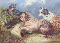 Family of Three Playful Terrier Dogs in Meadow Antique English Art Oil Painting