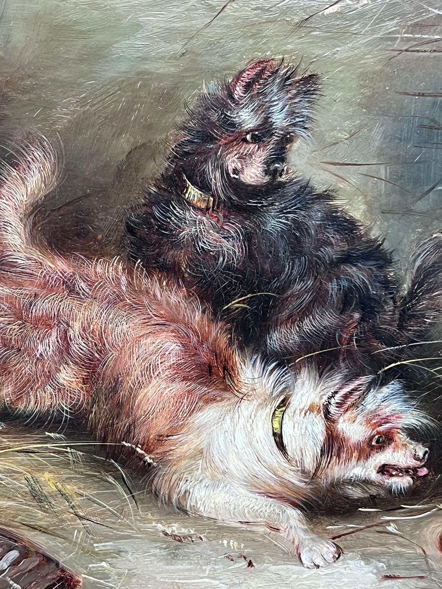 Playful Terriers Pouncing To The Dog Bowl Antique English Oil Painting For Sale 3