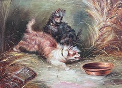 Playful Terriers Pouncing To The Dog Bowl Antique English Oil Painting