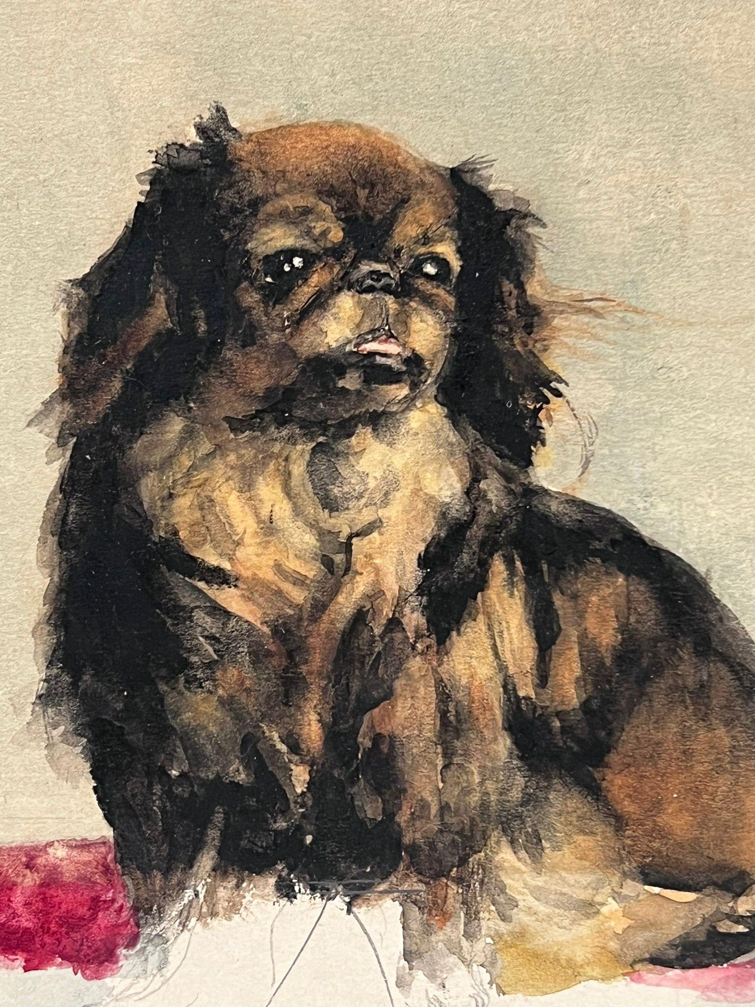 Retrato de un Perro Pekinés Encantadora Pintura Antigua Inglesa a la Acuarela - Painting Impresionista de English Dog Painting