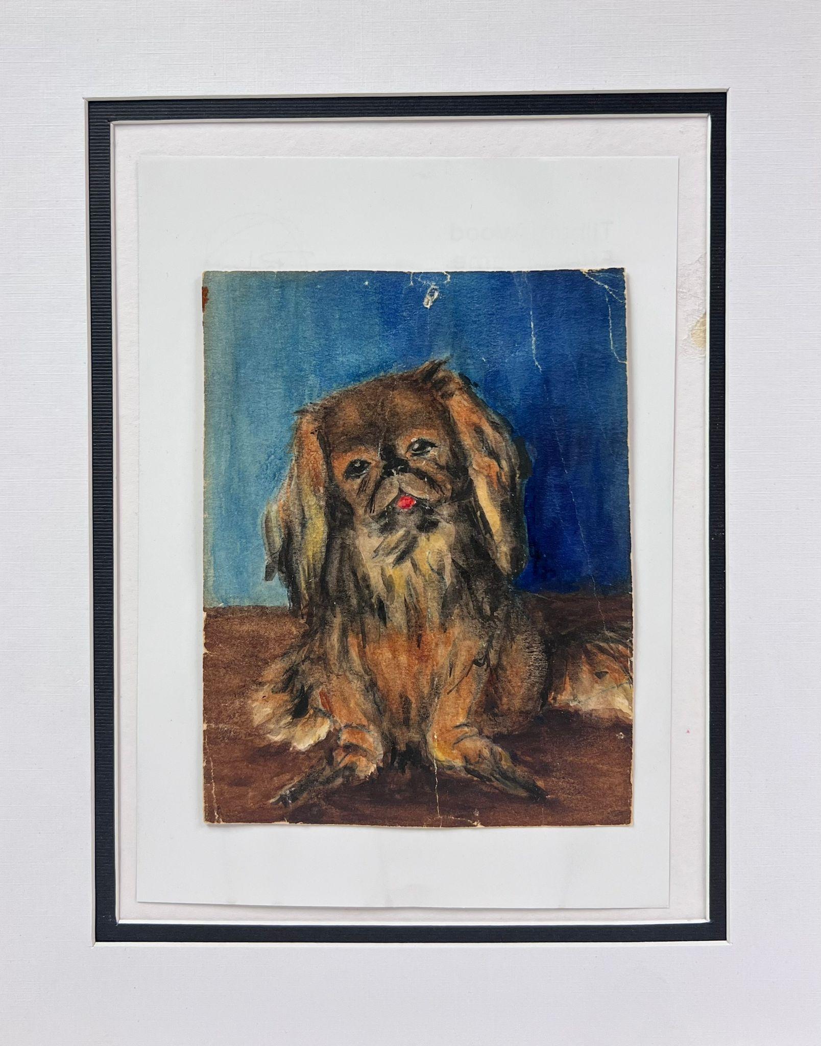 Retrato de un Perro Pekinés Pintura Inglesa Vintage a la Acuarela - Painting de English Dog Painting