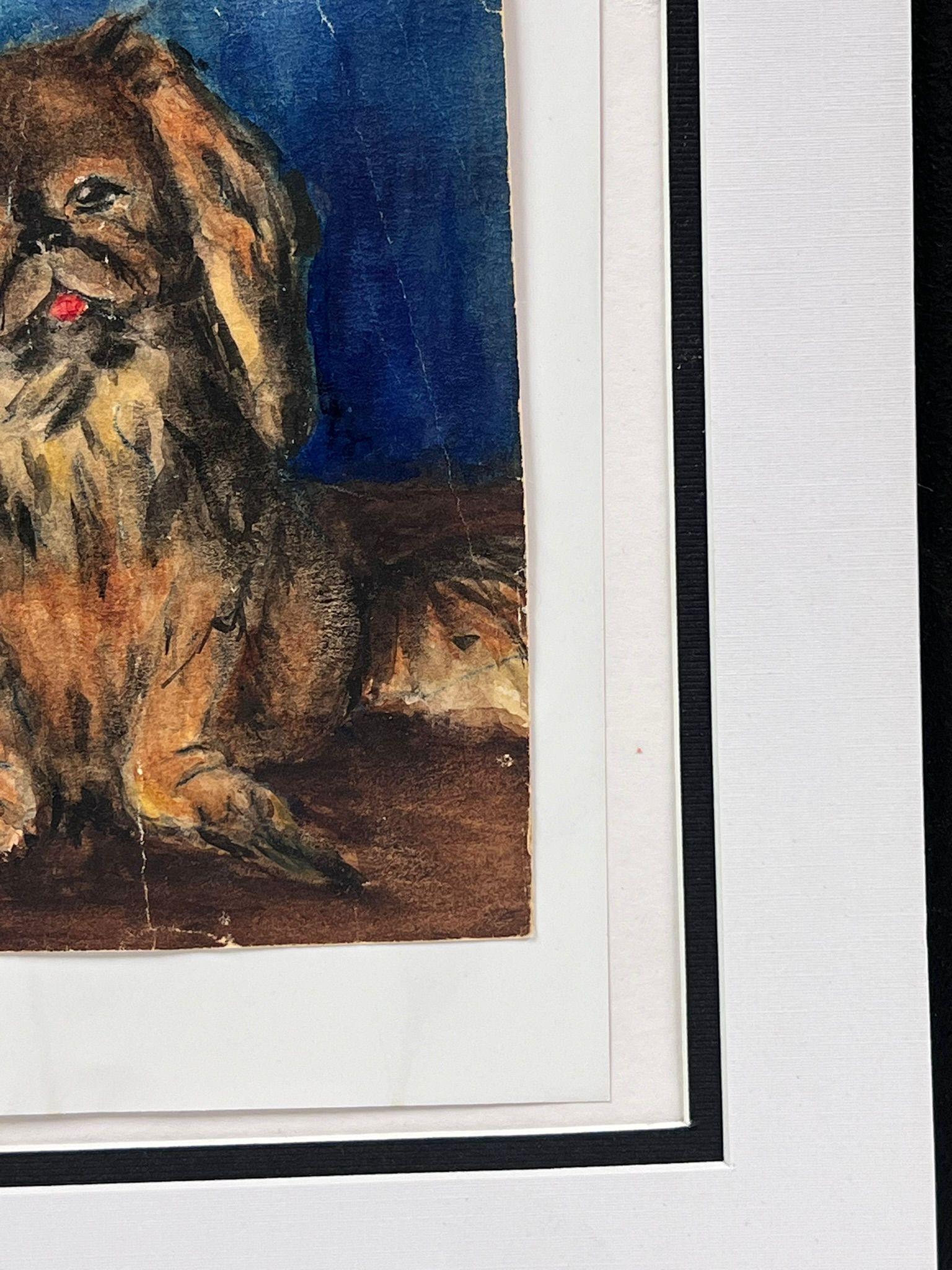 Retrato de un Perro Pekinés Pintura Inglesa Vintage a la Acuarela - Painting Impresionista de English Dog Painting