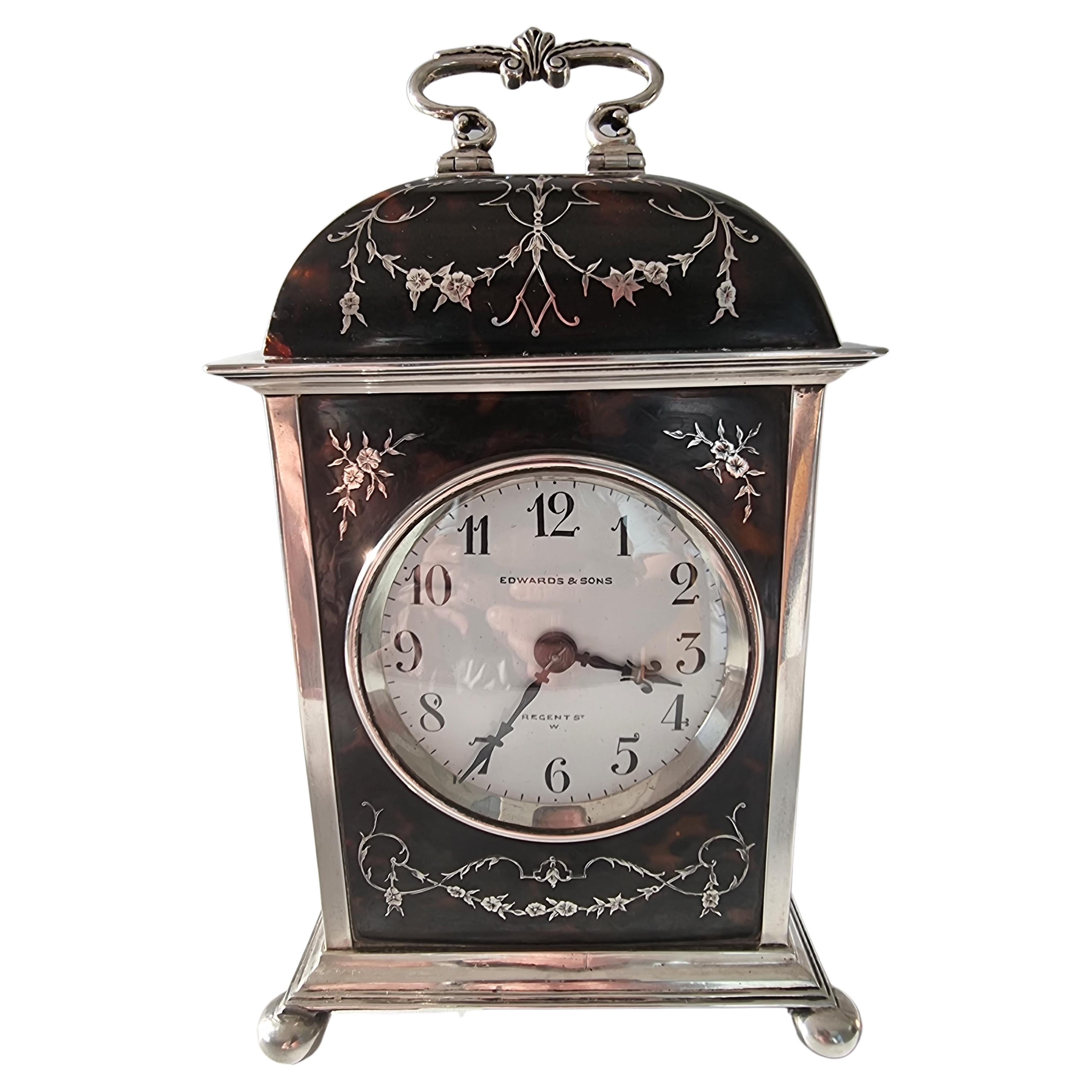 English Dome Topped Tortoiseshell & Silver Piquet Striking Carriage Clock For Sale