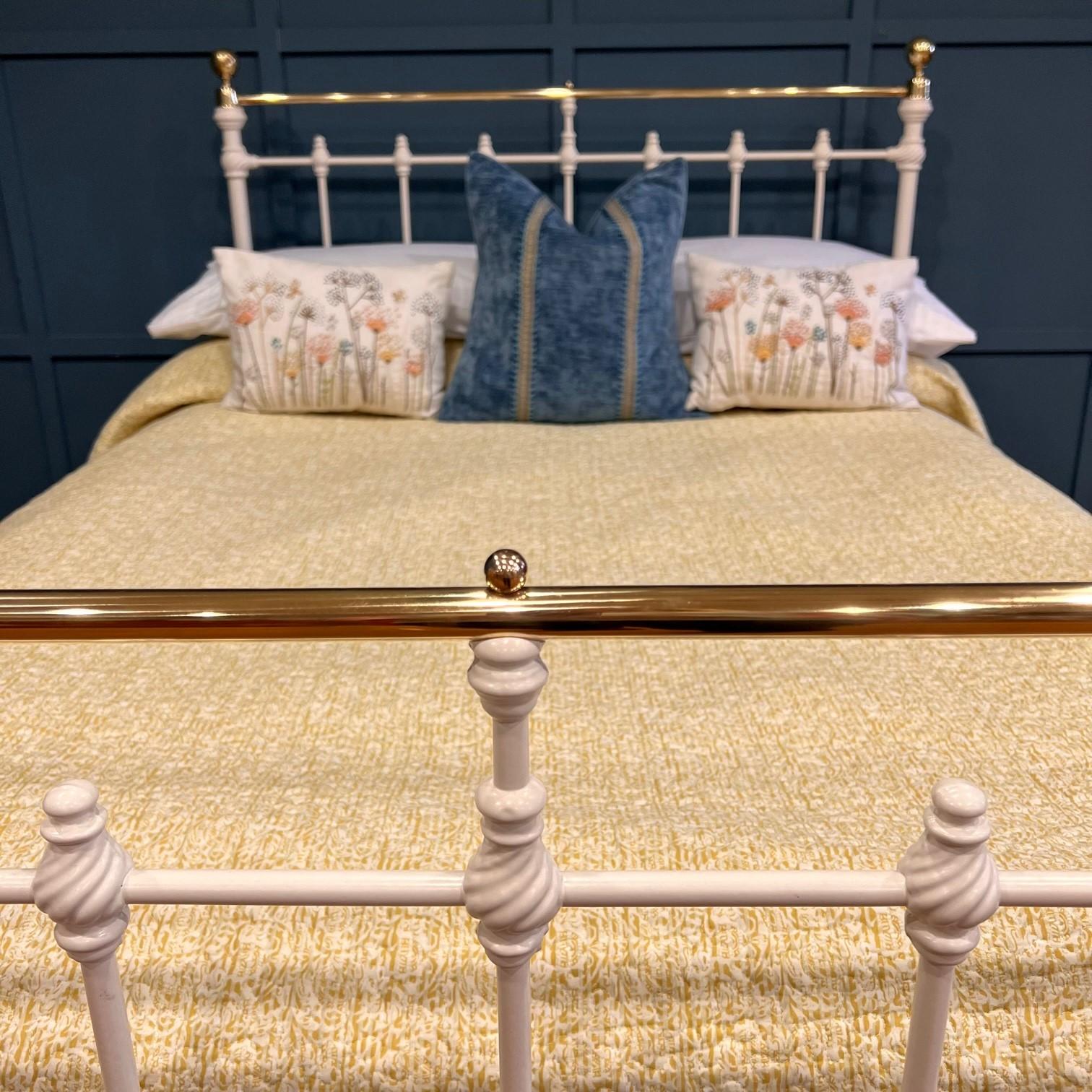 Double, 4’6 English Victorian brass and iron bed that has been finished in an off white colour. The bed has very pretty castings and has plenty of storage space underneath the frame.
 
The bed comes complete with a firm bed base so the only extra