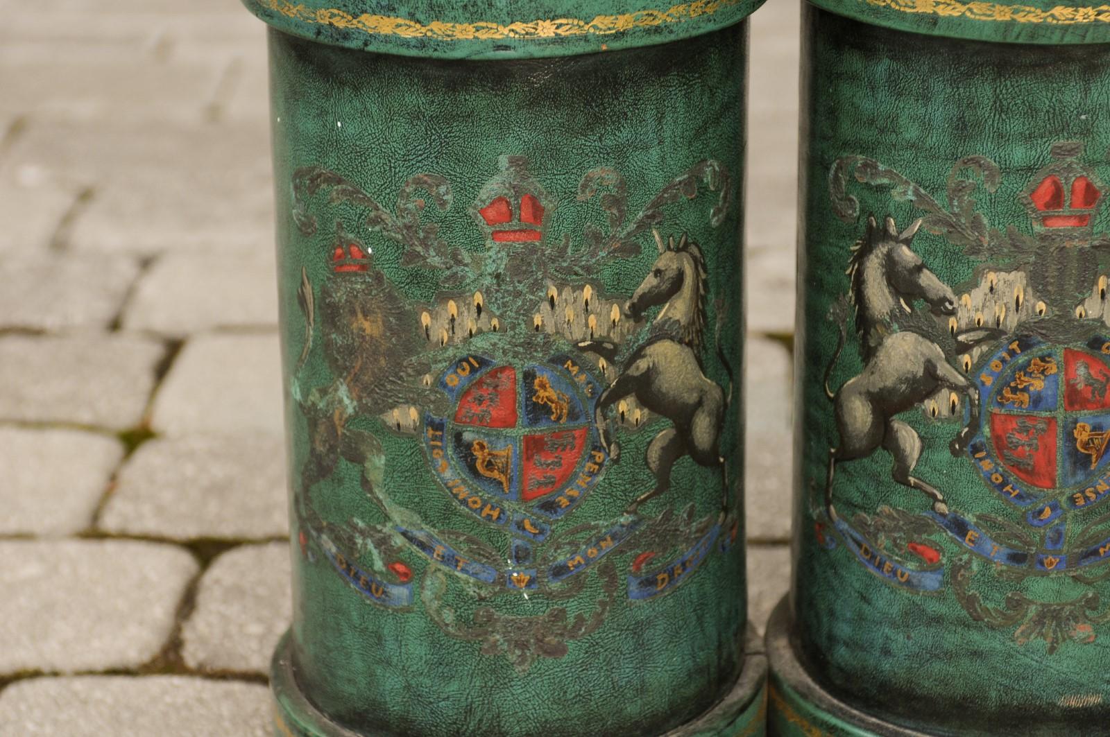 Painted English Double Leather Bucket with Handle and Royal Coat of Arms, circa 1920 For Sale