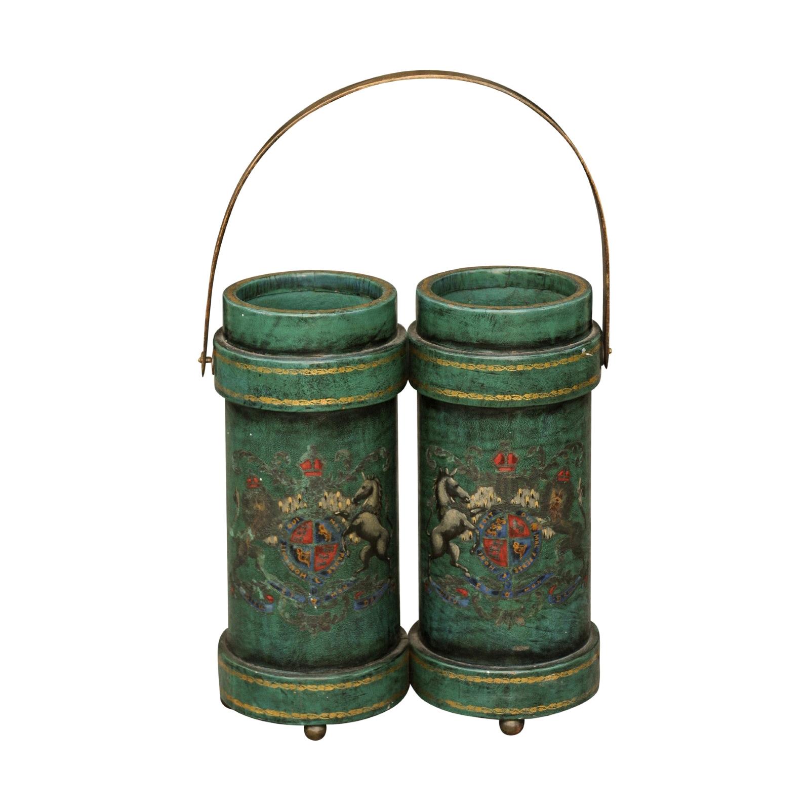 English Double Leather Bucket with Handle and Royal Coat of Arms, circa 1920