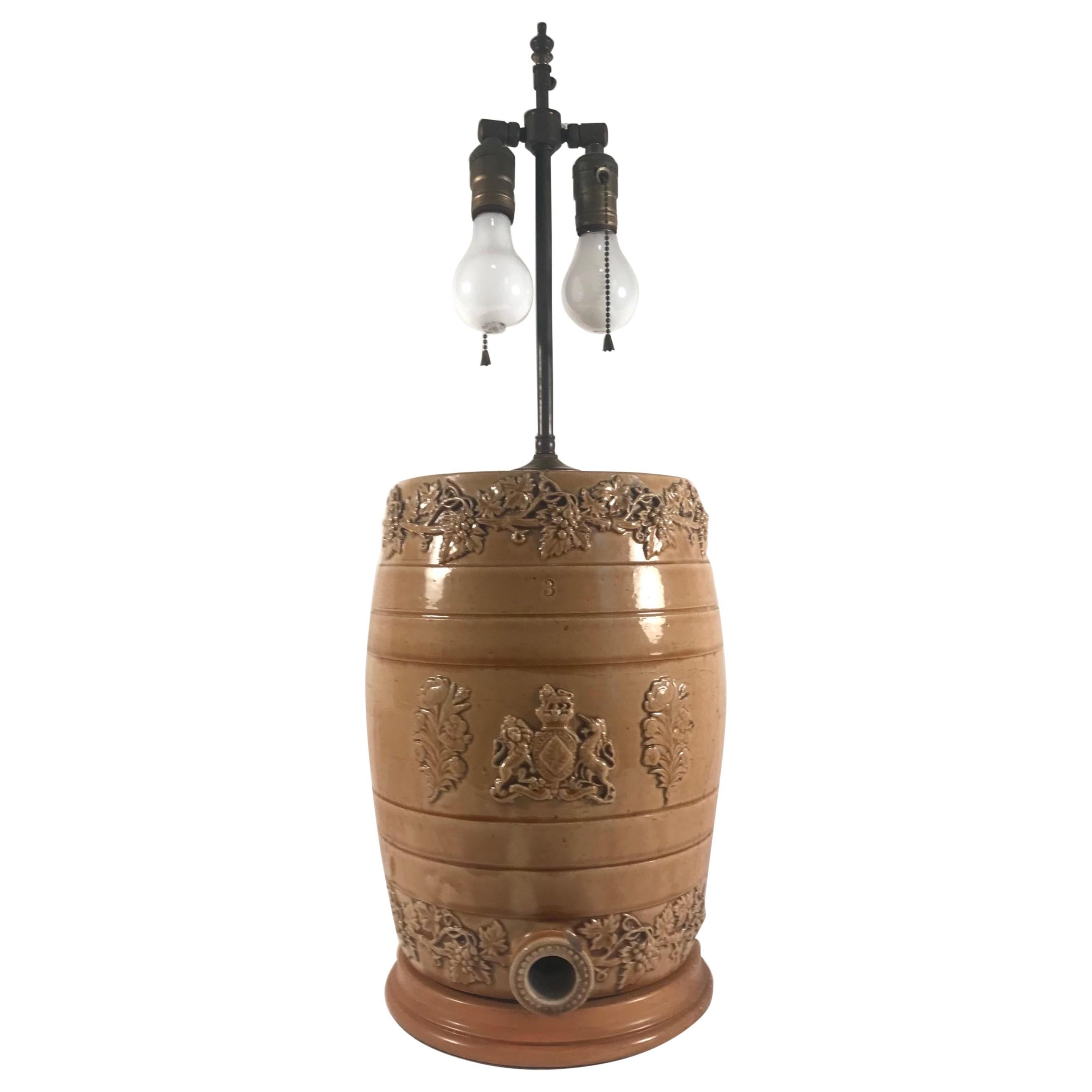 English Doulton Lambeth Style Salt Glaze Whiskey Barrel, Water Cooler by Powell