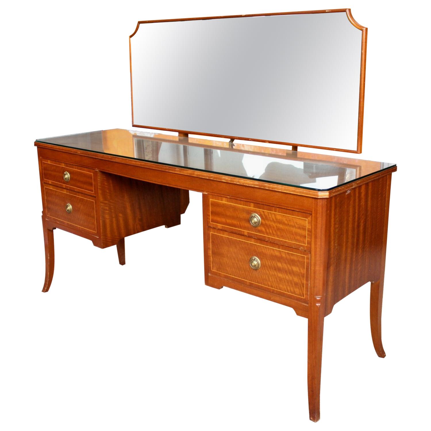 English Dressing Table Mahogany Maple & Co Twin Pedestal Kneehole Mirror For Sale