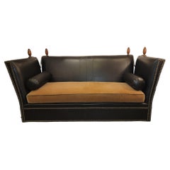 English Drop Arm Leather and Mohair Cushion Sofa with Brass Studs