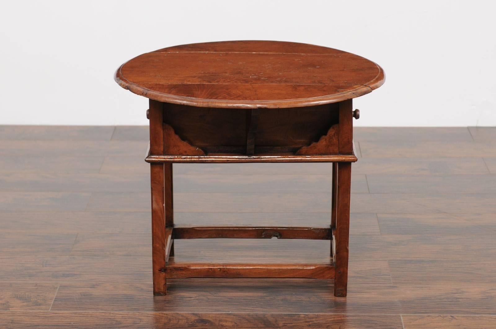 19th Century English Drop-Leaf Yew Wood Side Table with Single Drawer and Side Stretcher For Sale