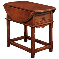 Antique English Drop-Leaf Yew Wood Side Table with Single Drawer and Side Stretcher