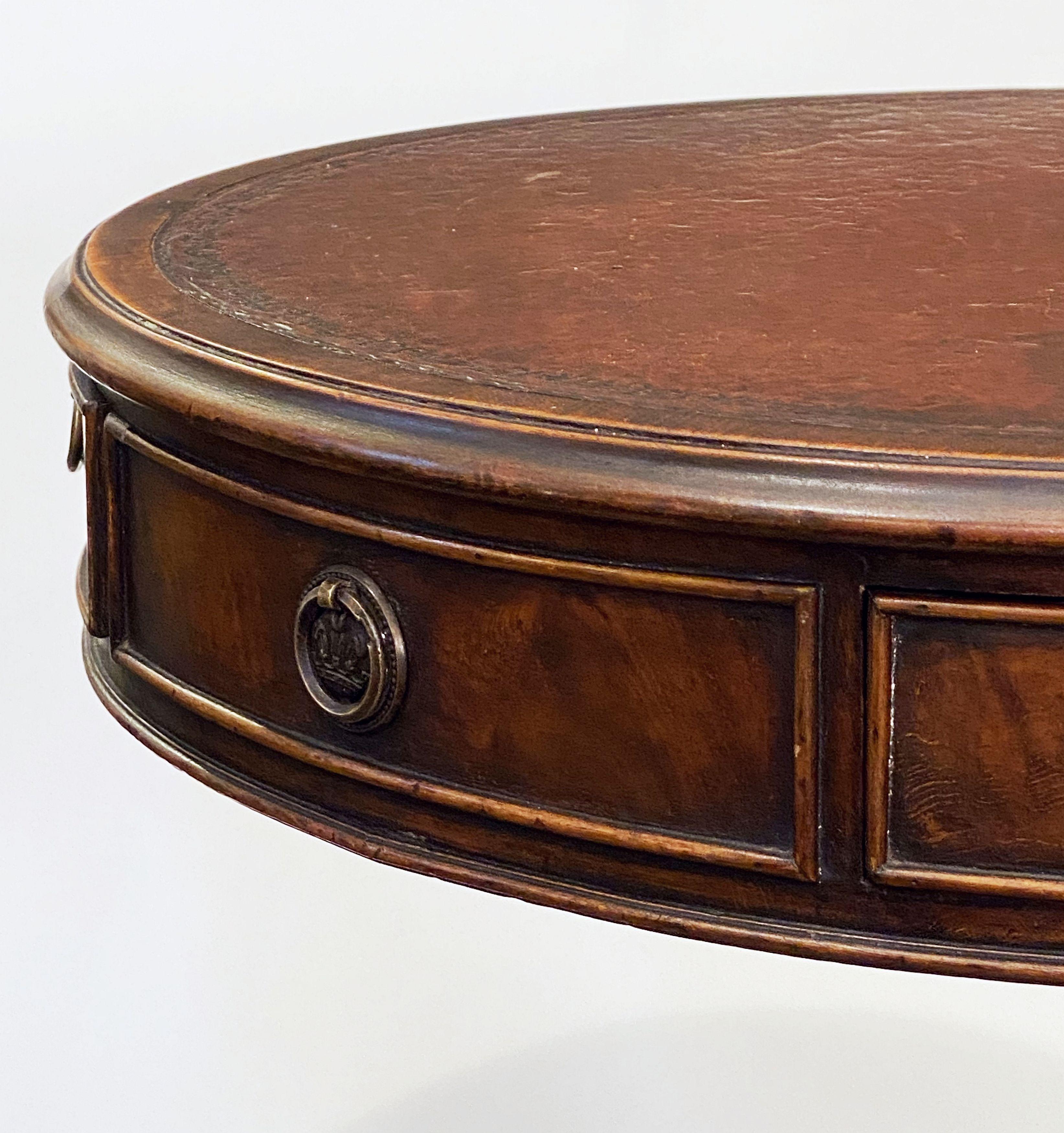 Wood English Drum Table of Mahogany with Leather Top from the Edwardian Era For Sale