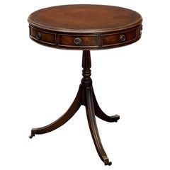 Antique English Drum Table of Mahogany with Leather Top from the Edwardian Era